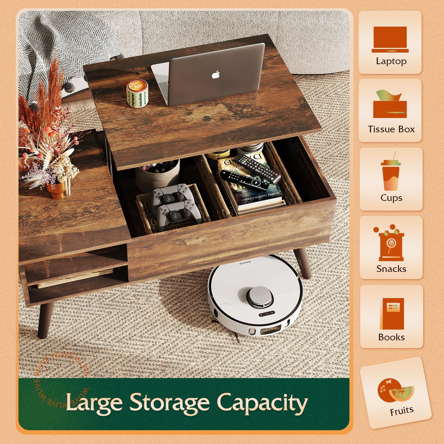 WLIVE Lift Top Coffee Table for Living Room,Small Coffee Table with Storage, Adjustable Shelf and Storage Compartment, Mid Century Modern Living Room Table, Wood, Rustic Brown