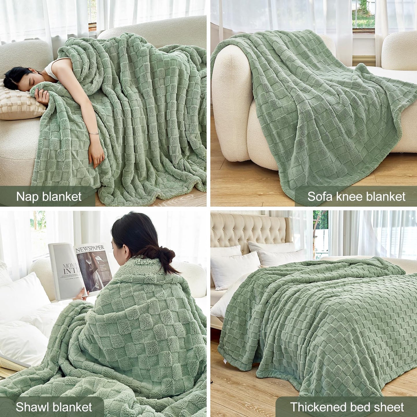 IVAPUPU Ultra Soft Throw Blanket - Checkered Fluffy Blanket for Couch, Flannel Fleece Throw Blankets for Bed, Double Layered Thick Blanket Sage Green Throw, 50x60 Inches