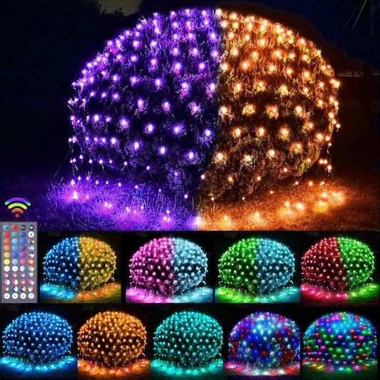 240 LED Net Lights, 34 Colors Changing Christmas Net Lights Outdoor Clear Wire, 14.8ft x 5ft Connectable Halloween Mesh Lights for Bushes Christmas Tree Holiday Wedding Party Hedge Patio Decor