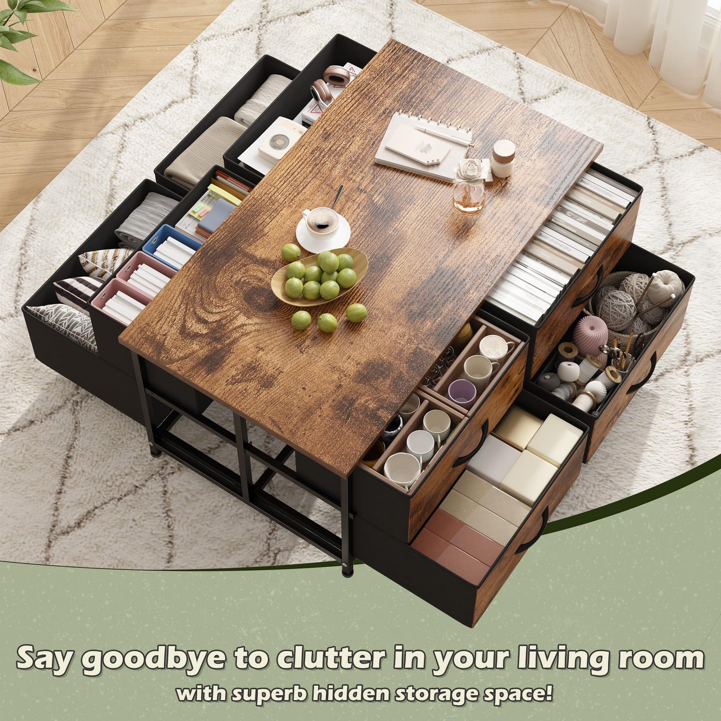 EnHomee Coffee Table with Storage, Modern Coffee Tables for Living Room, Black Center Table with Fabric Drawer and Large Hidden Space for Bedroom, Home, Office