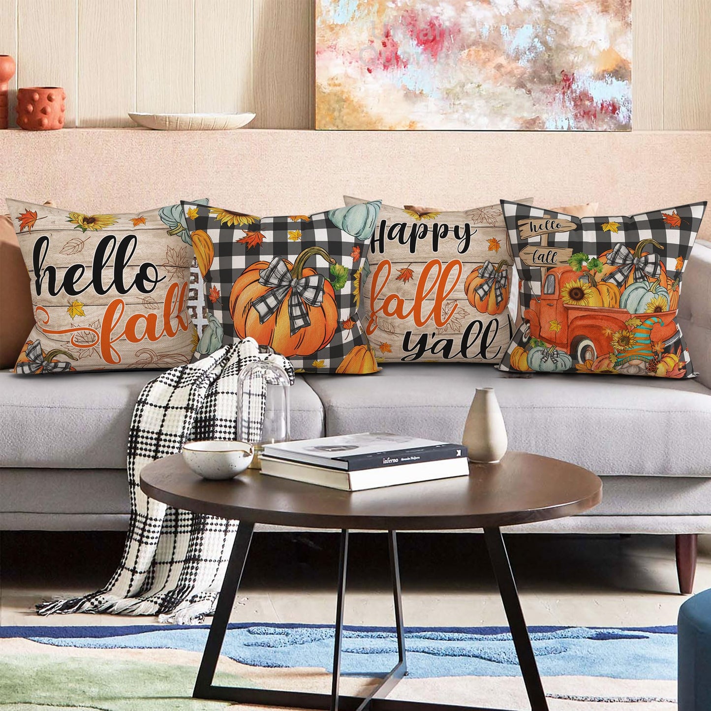 Unibyby Fall Pillow Covers 18x18 Set of 4 Hello Pumpkin Outdoor Throw Pillow Covers Home Decor Buffalo Check Plaid Pillowcase Square Cushion Covers for Sofa Bed Couch