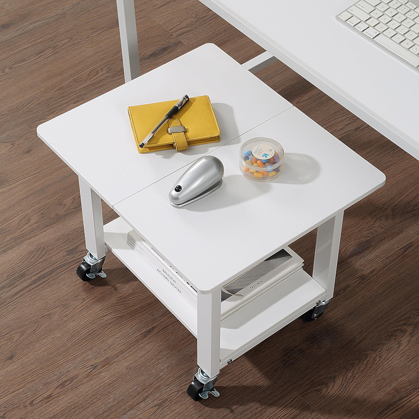 SunnyPoint 2-Tier Under Desk Printer Stand with Storage Shelf and Steel Frame, Industrial Mobile Printer Cart Holder with Lockable Wheels for Home and Office (WHT)