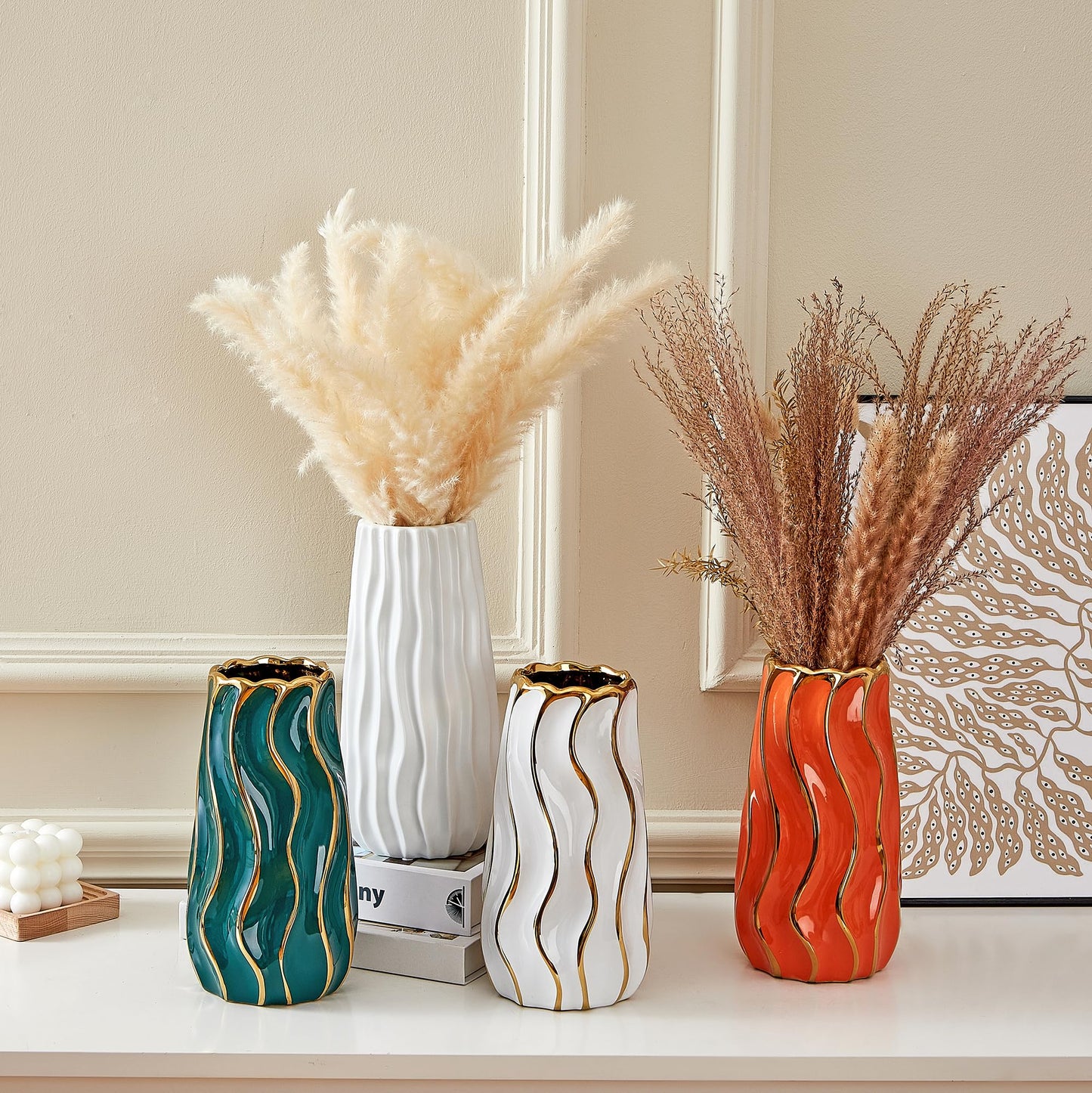 OTARTU Ceramic Vase, White Vase for Home Decor,Decorative Flower Vase, Vertical Stripe Ceramic Vases for Home Décor, Bedroom, Office, Living Room, Bathroom, Tabletop Decor, Centerpiece (White)