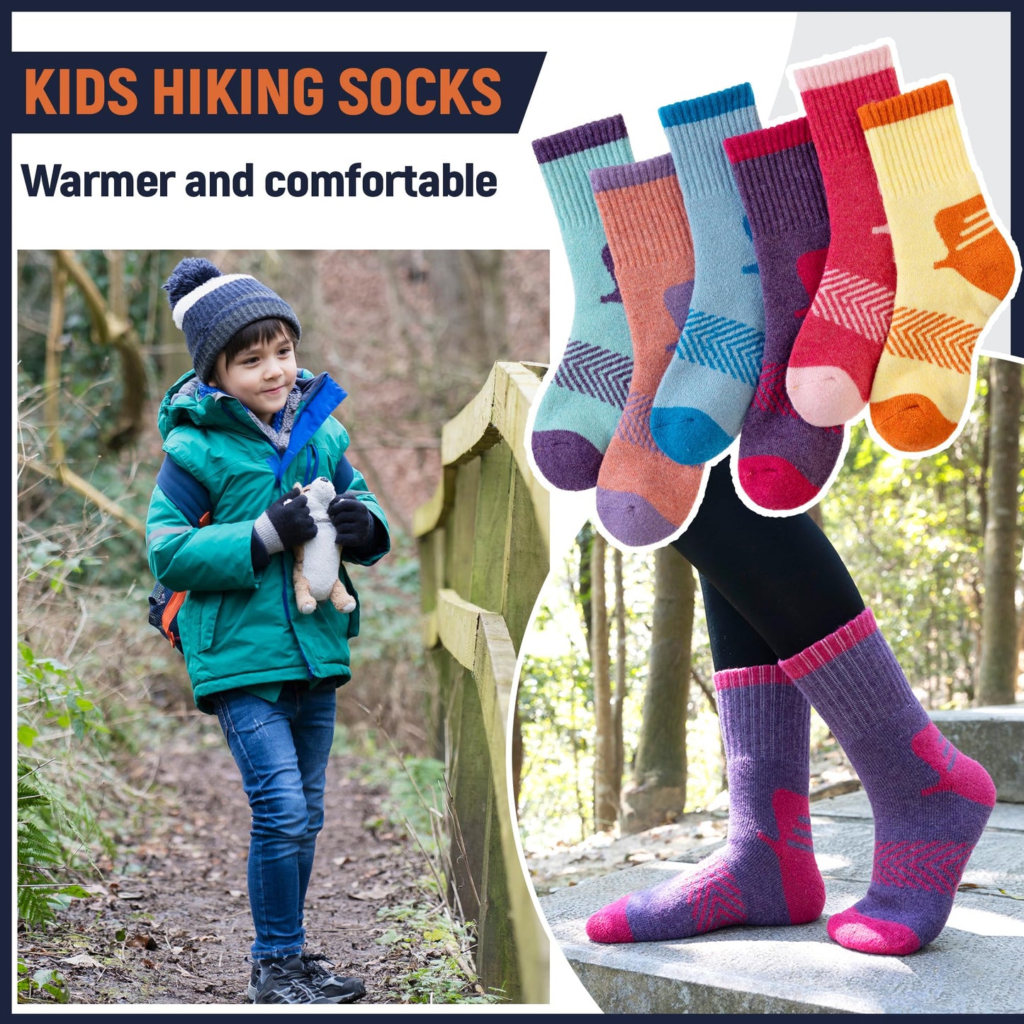 AMENLAN Kids Merino Wool Hiking Socks Boy Girls Winter Thick Boot Cushion Warm Thermal Crew Socks 6 Pairs (Colorful Stripes,13-15 Years)