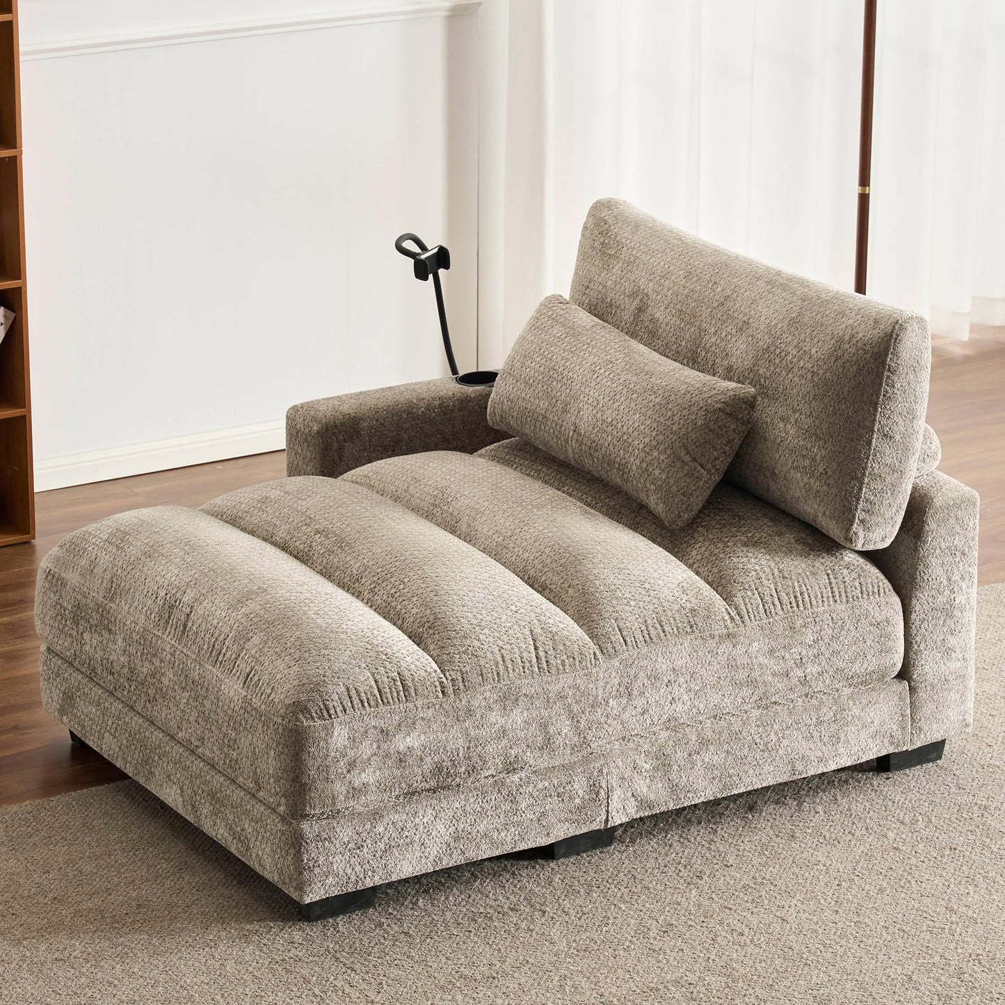 IHDKO Oversized Chaise Lounge Chair Indoor, Comfy Lounge Sleeper Sofa with USB Ports, Cup & Phone Holders, Chenille Cloud Reading Chair Bed for Living Room, Bedroom, Office (Grey)