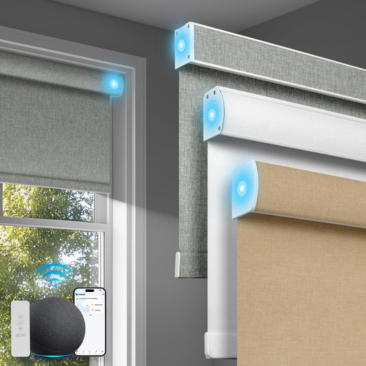 Sulugood Motorized Blinds with Remote Control,Blackout&Light Filtering Smart Blinds for Windows,Linen Fabric,Customized Automatic Blinds,Electric Blinds with Solar Pannel/USB.Custom Color.