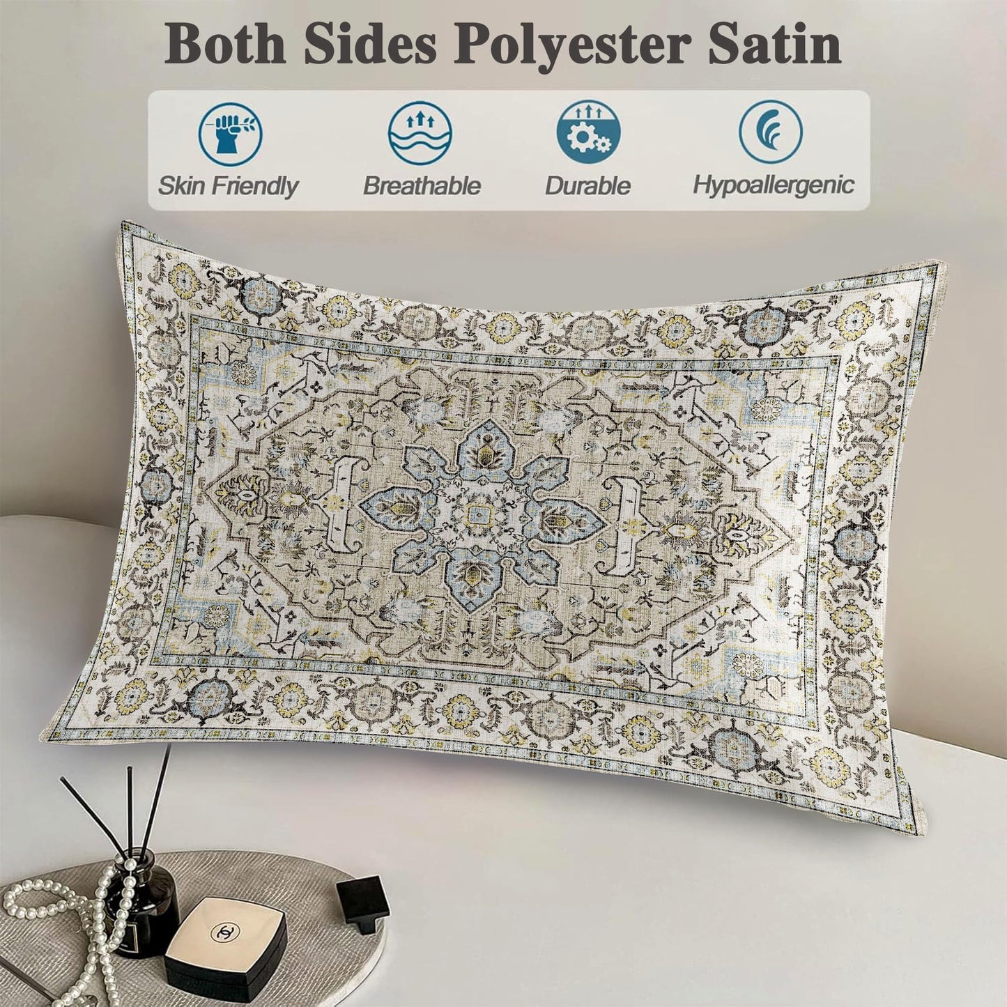 1 Pack Satin Pillowcase for Hair and Skin Modern Beige Carpet Imitation Silk Pillowcase with Hidden Zipper Soft Breathable Smooth Cooling Pillow Cover Standard Size for Bedroom Sofa 20”x26”