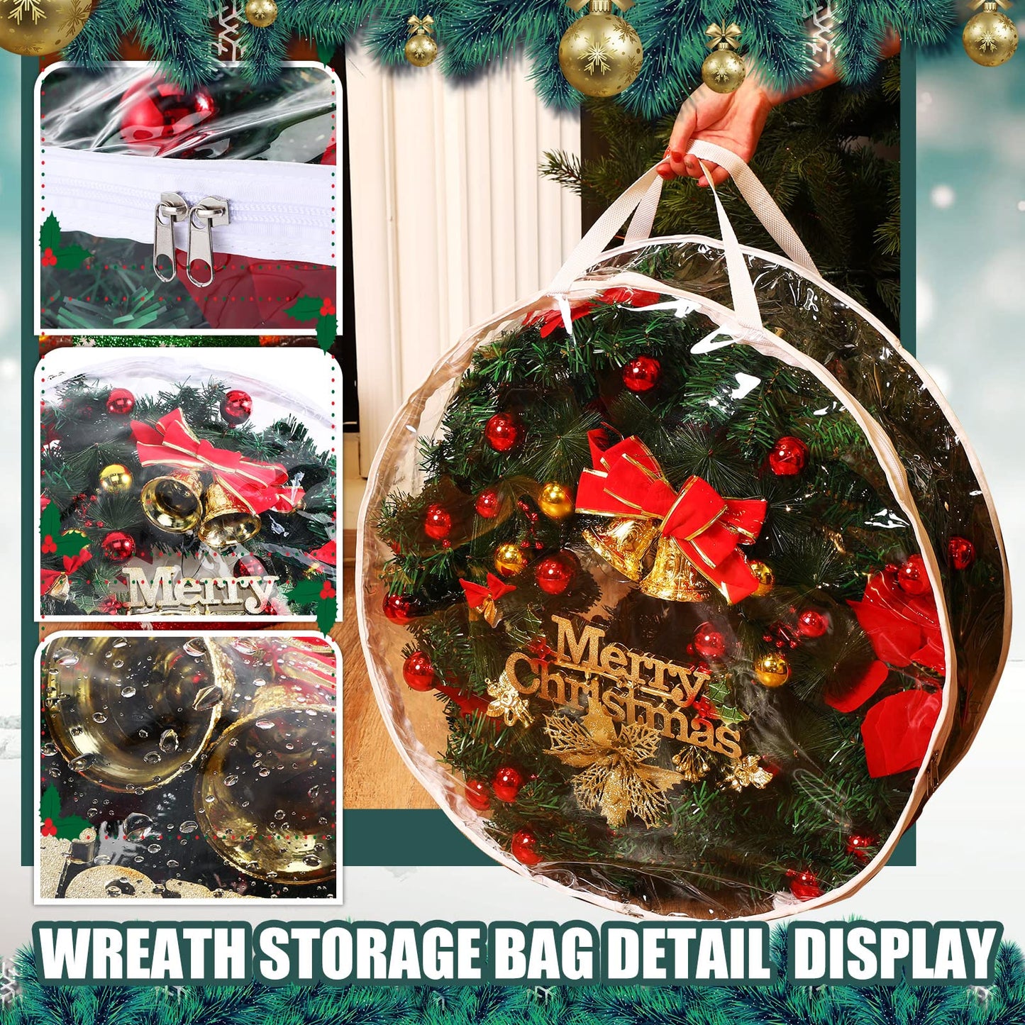 Shappy 4 Pieces Clear Christmas Wreath Storage Container 24 Inches Xmas Wreath Storage Bag Plastic Christmas Garland Container with Dual Zippers and Reinforced Handles for Xmas Seasonal (Clear)