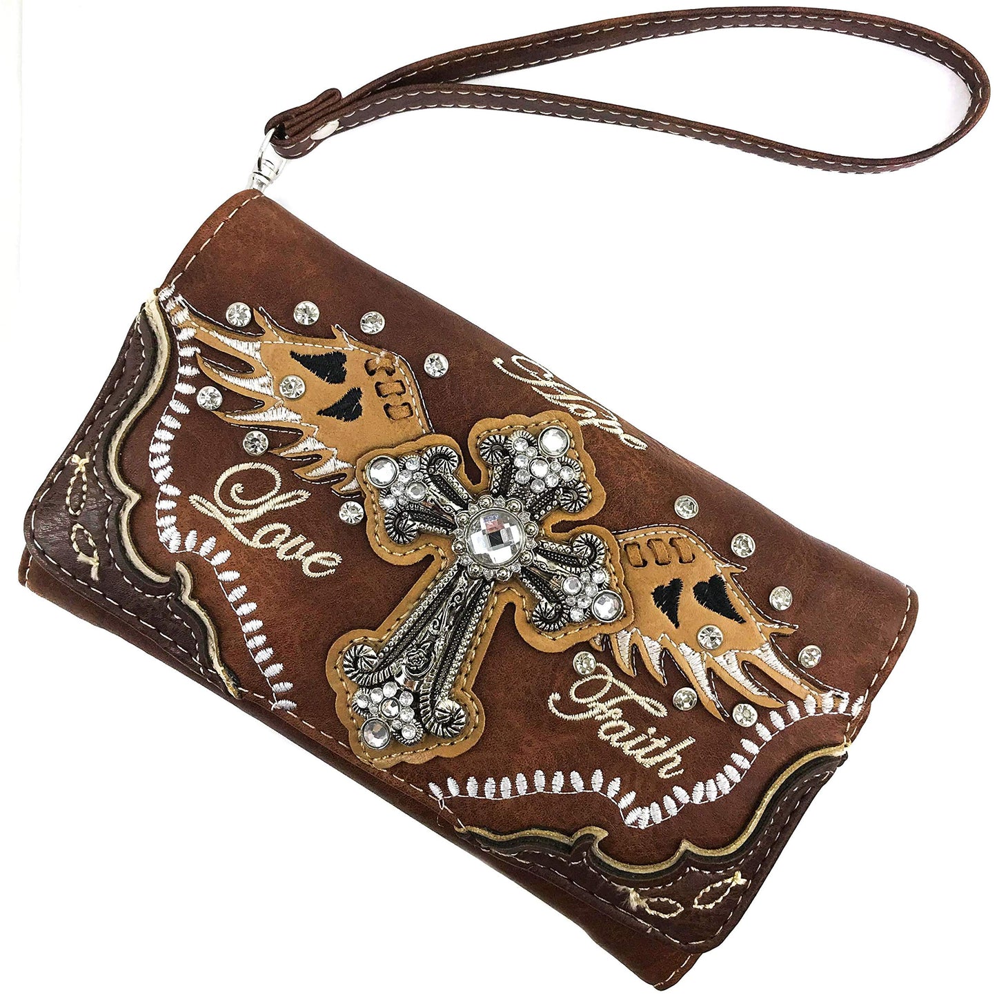Zelris Faith Love Hope Cross Angel Wing Women Conceal Carry Handbag Wallet Set (Brown)