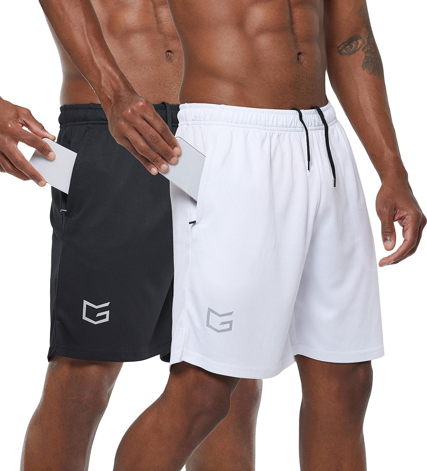 G Gradual Men's 2 Pack 7" Workout Running Shorts Quick Dry Lightweight Gym Shorts with Zip Pockets (2 Pack: Black/White Large)