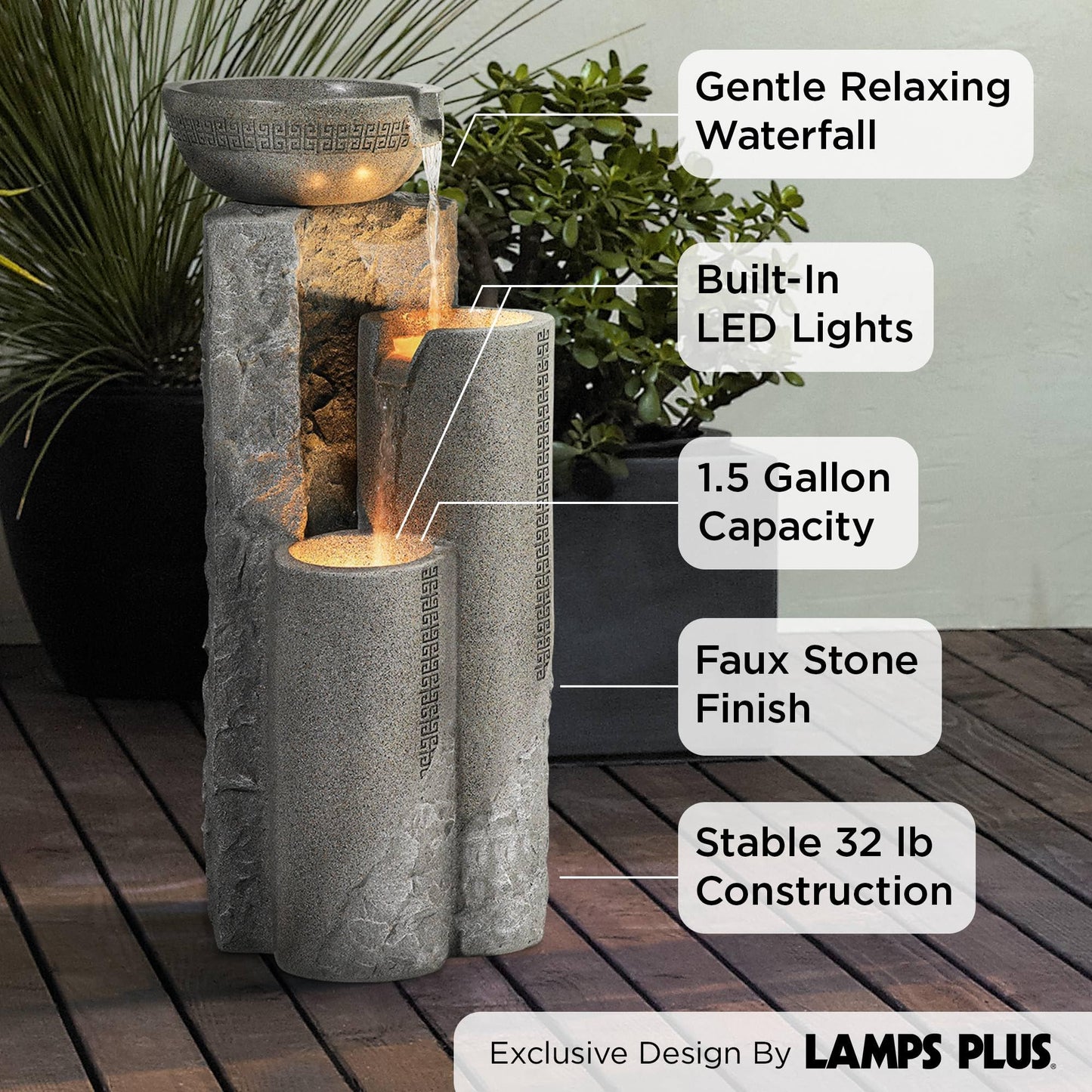 Bowl and Pillar 34 1/2" High Large Modern Zen Outdoor Decor Faux Stone Floor Fountain with Light LED Standing Waterfall Tiered Water Feature for Outside Garden Patio Yard Backyard - John Timberland