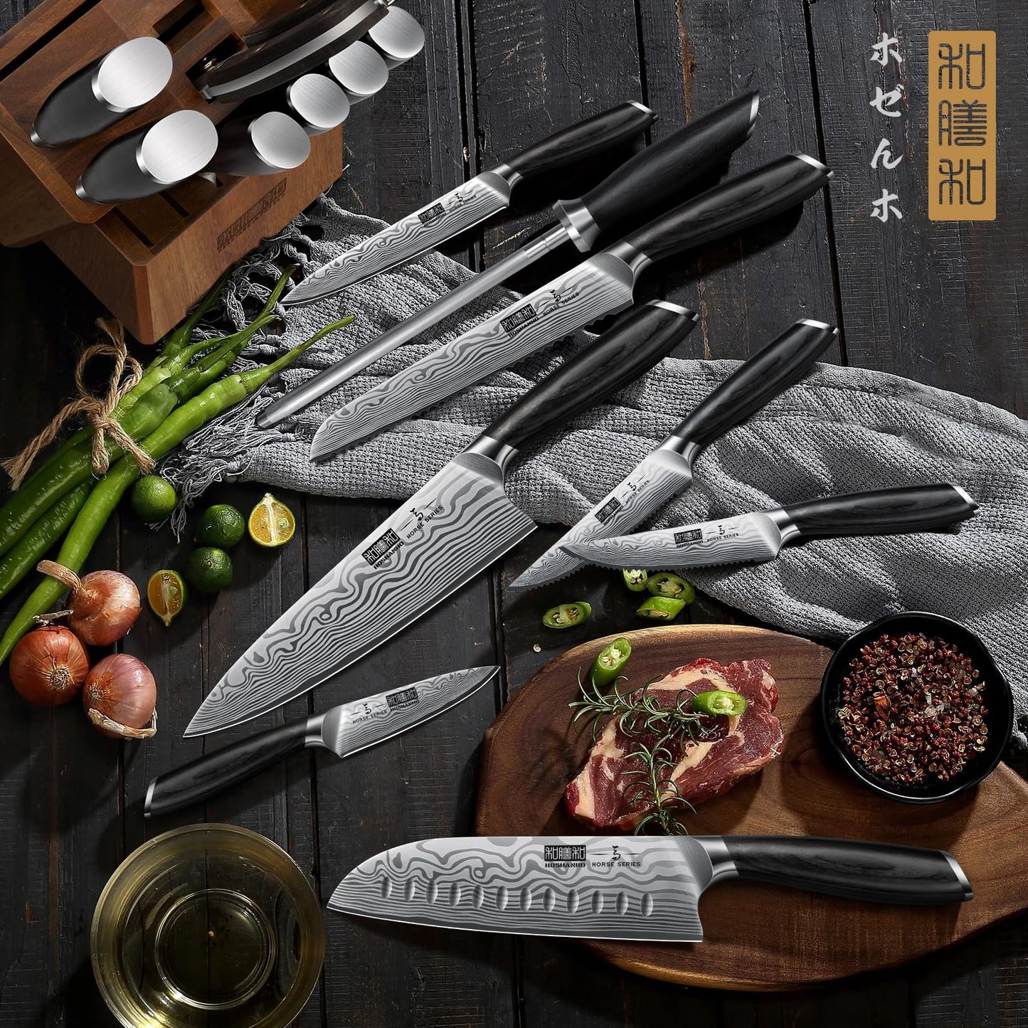 HOSHANHO 16-Piece Knife Set with Block, Ultra Sharp High Carbon Powder Steel Knife Block Set, Chef Knife Set Professional Kitchen Knives Set with Sharpener and Pakkawood Handle