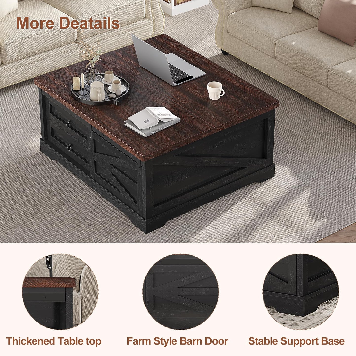 Itaar 39.4'' Lift Top Coffee Table with Storage, Farmhouse Coffee Tables for Living Room, Square Coffee Table with Large Hidden Compartment & 2 Drawers & Adjustable Shelves, Black