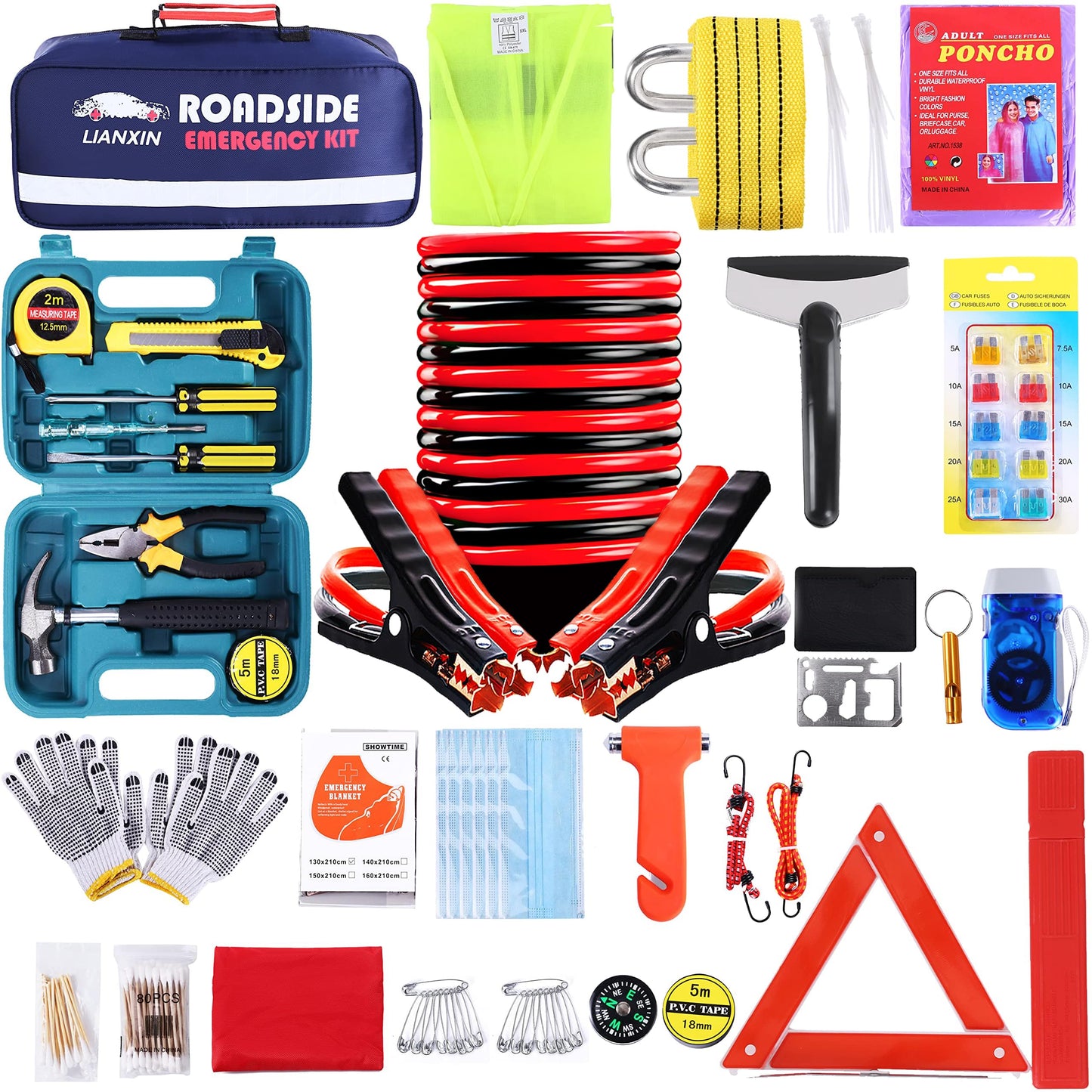 Roadside Assistance Emergency Kit - Car Emergency Kit with Jumper Cables (Upgraded) Emergency Roadside Kit for Car 142 Pieces Car Safety Kits,Tow Strap,Tool Kit,Reflective Warning Triangle