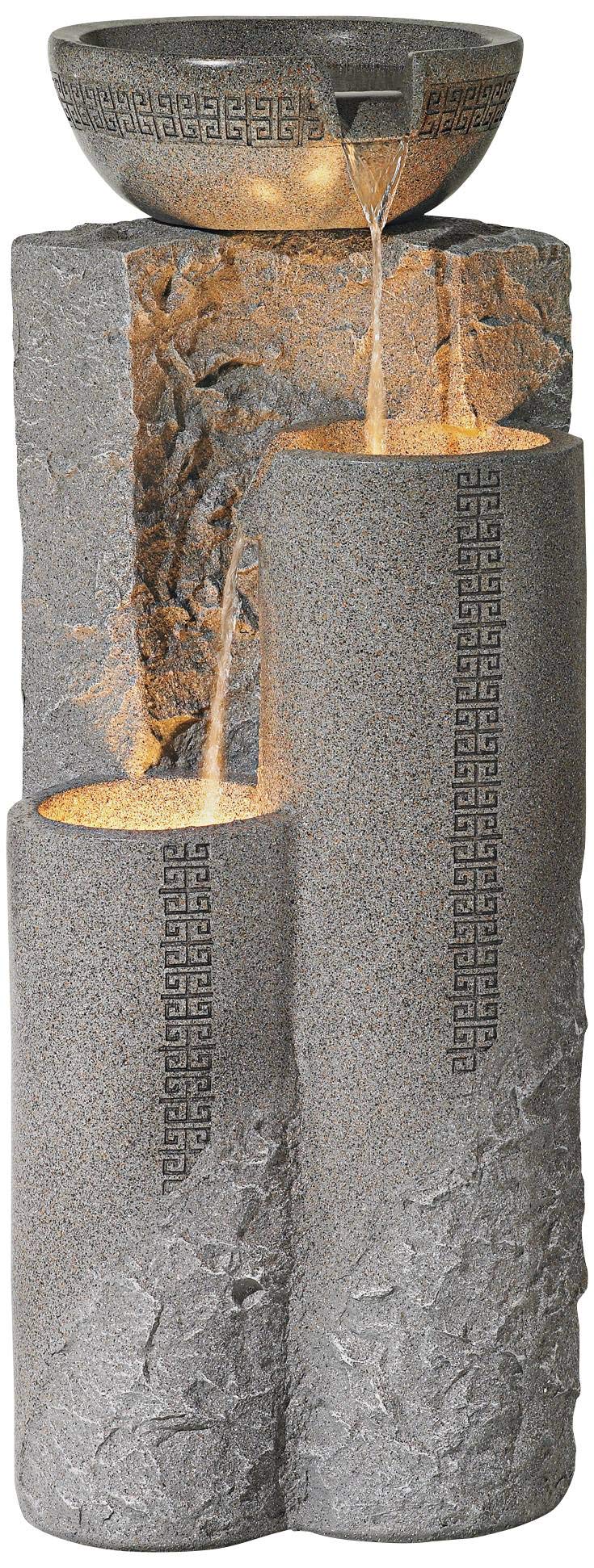 Bowl and Pillar 34 1/2" High Large Modern Zen Outdoor Decor Faux Stone Floor Fountain with Light LED Standing Waterfall Tiered Water Feature for Outside Garden Patio Yard Backyard - John Timberland