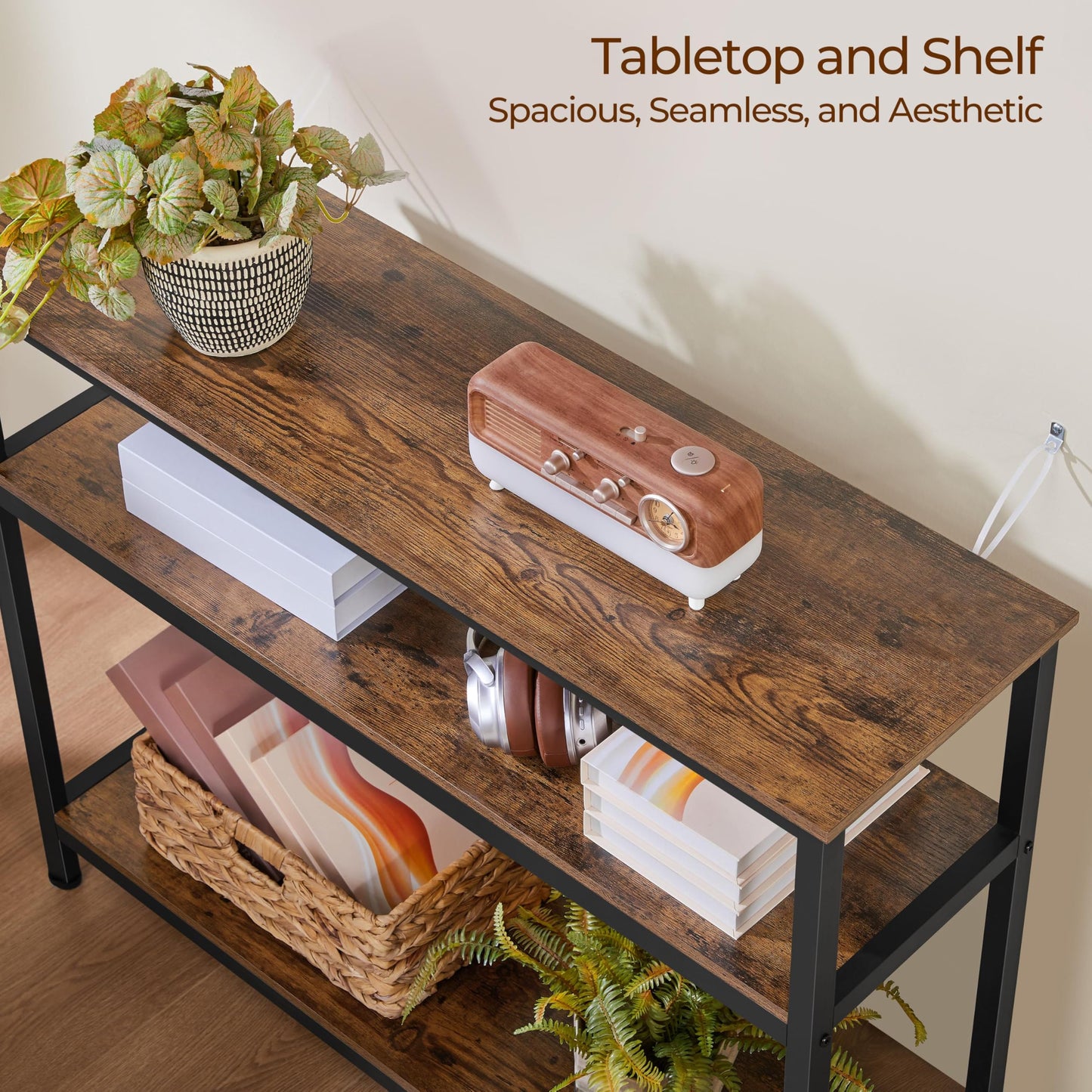 Yaheetech Industrial Console Table, 3 Tier Entryway Table with Storage Shelves, Narrow Sofa Tables for Living Room, Foyer, Hallway, Entrance, Metal Frame, Rustic Brown
