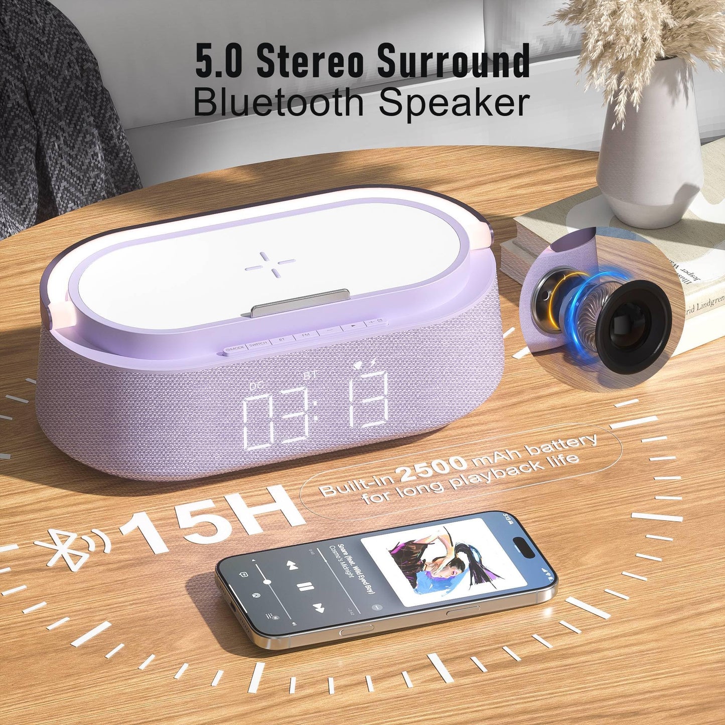 FREEFISH Bluetooth Speaker with Wireless Charger, FM Radio, Dimmer Night Light, Phone Holder, Wireless Charging Speakers for iPhone Samsung AirPods, Bedrooms Home Office Gifts