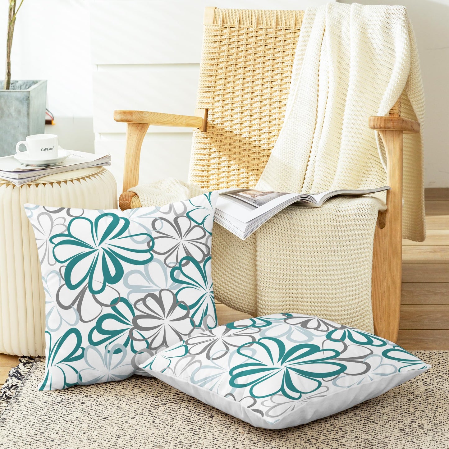 CaliTime Throw Pillow Covers Pack of 2 Cozy Fleece Line Flowers Decorative Cushion Cases for Couch Bed Sofa Farmhouse Decoration 18 X 18 Inches Teal Green Blue Grey