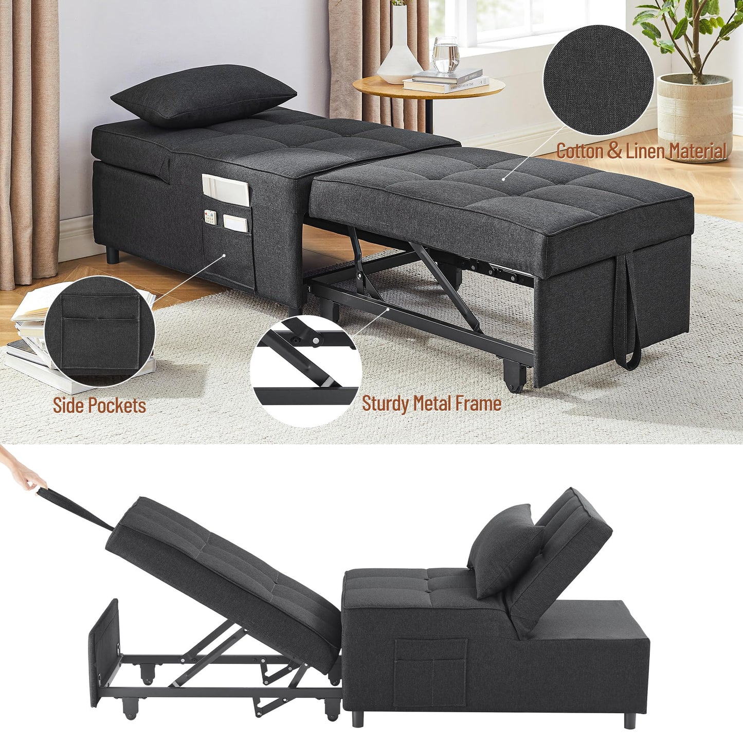 LegacyAmerhome Sleeper Chair, 4-in-1 Multi-Functional Sofa Bed Chair, Single Recliner with Pillow Side Pockets and 5 Levels of Adjustable Backrest, for Living Room Bedroom (Dark Gray)