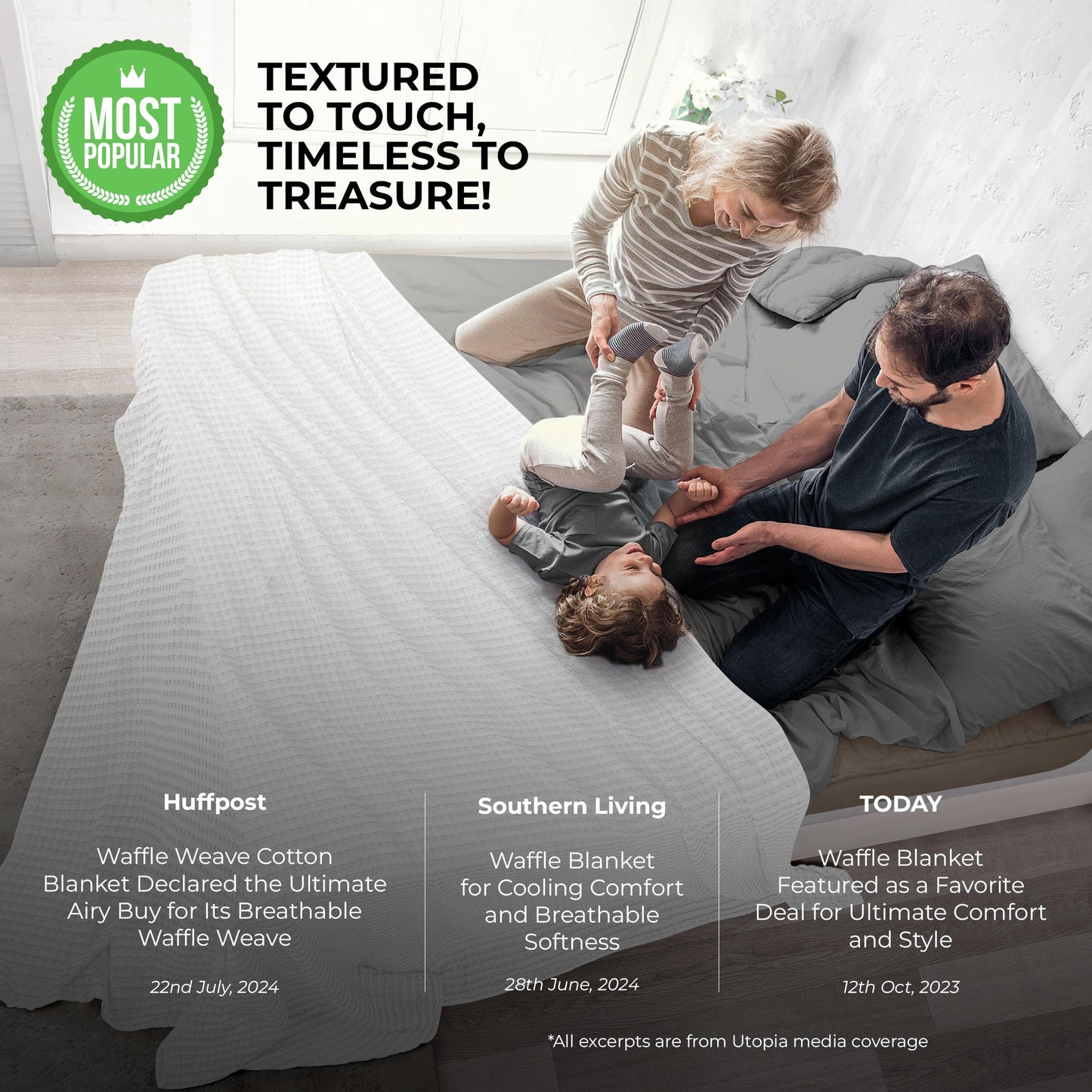 Utopia Bedding White 100% Cotton Waffle Blanket 300 GSM [Queen - 90x90 Inch] Soft Lightweight Breathable Bed Blanket for All Season