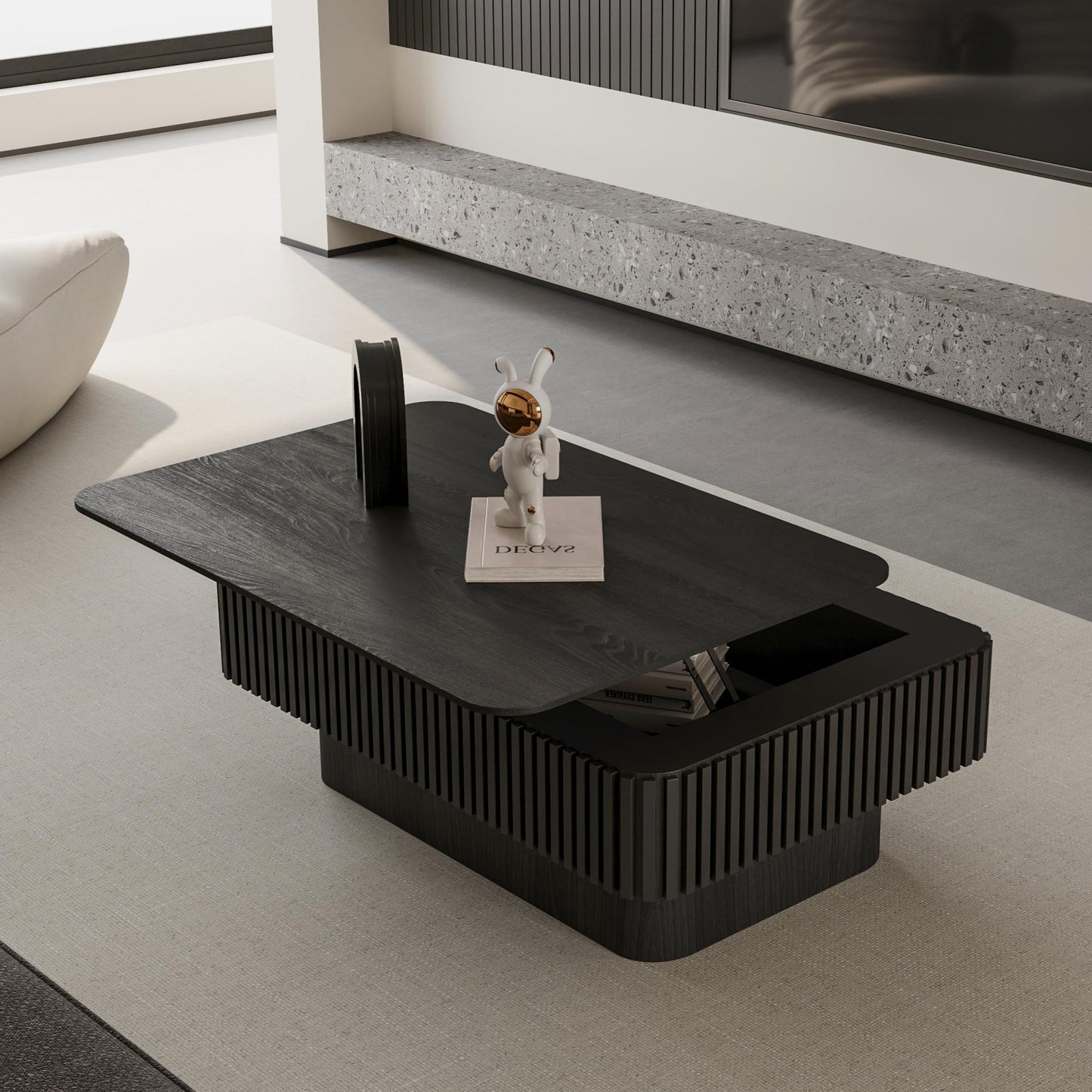 LKTART 38.6''Black Fluted Lift Top Coffee Table Modern Handcraft Drum Wooden Solid Wood Veneer Tea Table for Living Room Apartment(Hidden Storage)