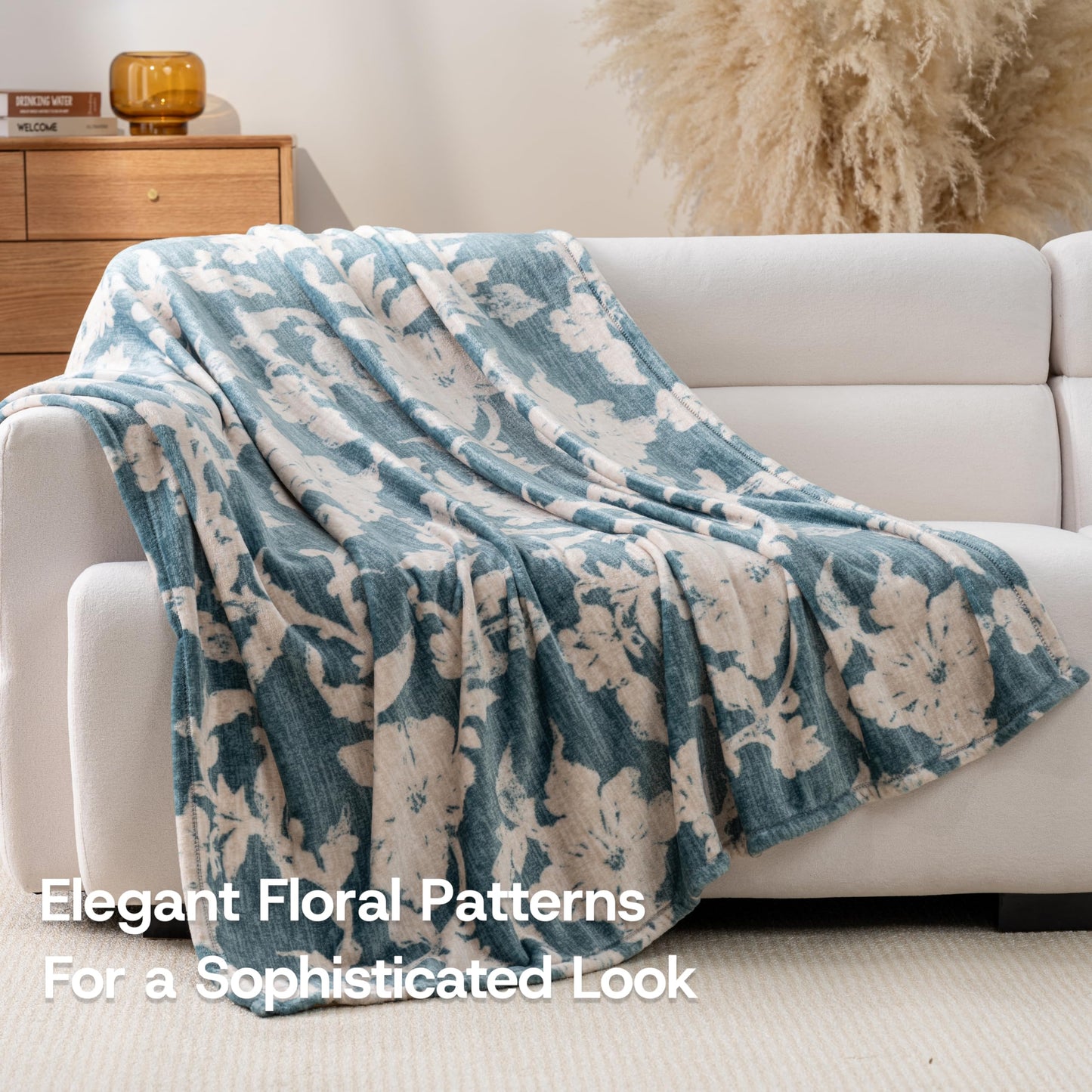 Sushing Luxury Printed Fleece Warm Throw Blanket, Soft Lightweight Velvety Plush Throw for Couch and Bed, Cozy Comfy for All Seasons(Blue Floral Silhouette, 50×70 Inches)