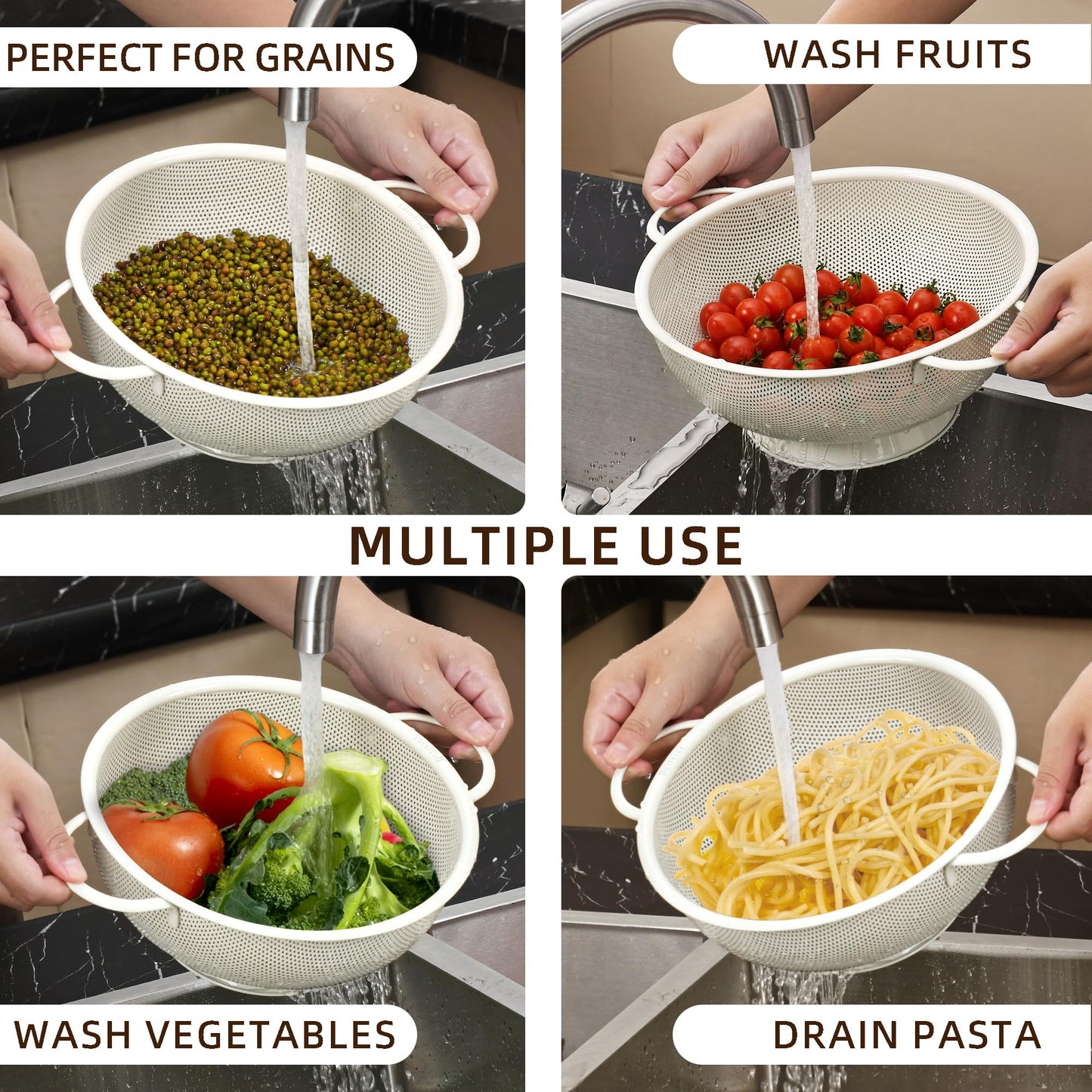 Stainless Steel Colander 3 Piece,Metal Strainer Basket with Solid Base and Handles for Kitchen Food,Pasta, Noodles, Vegetables and Fruits,Powder Coated,BPA Free,Dishwasher Safe,2 & 3 & 4.5 Qt (Cream)