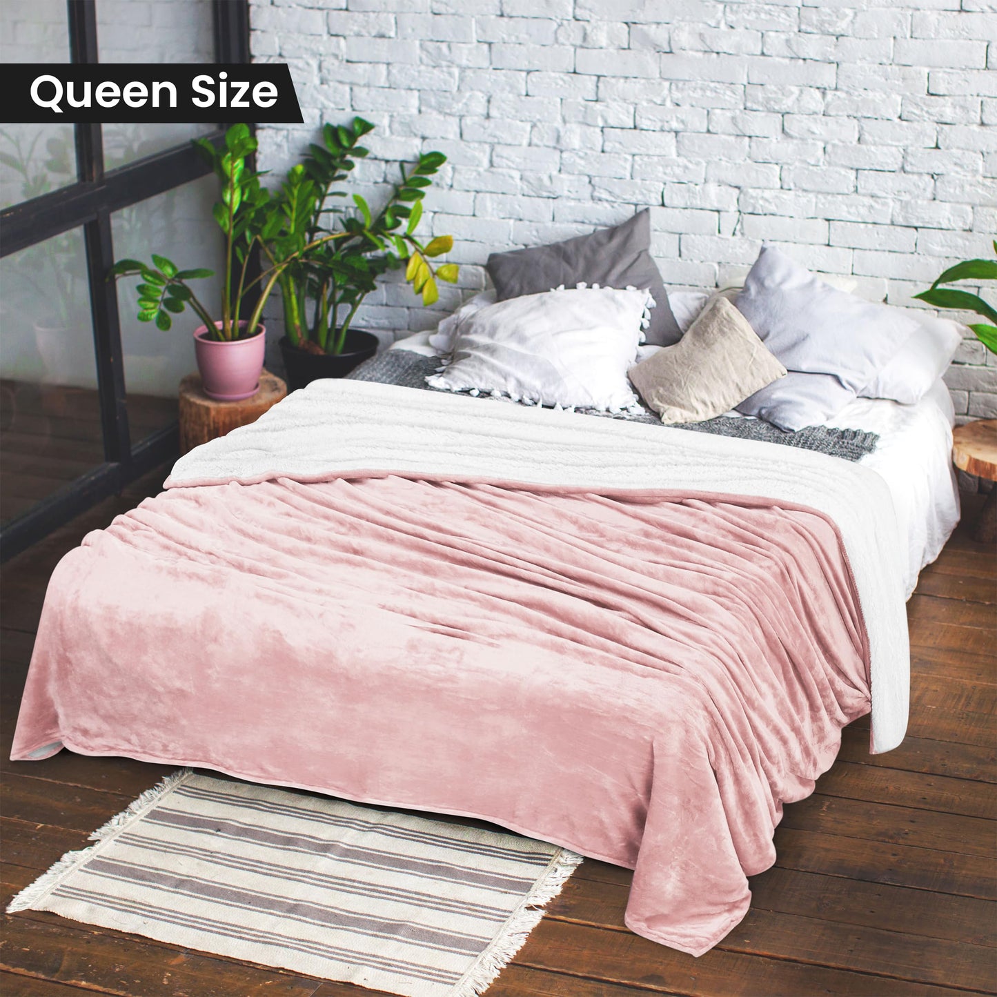 Utopia Bedding Sherpa Blanket Queen Size (Pink, 90x90 Inches) - Soft Lightweight Plush Fleece Reversible Blanket for Bed, Sofa, Couch, Camping and Travel
