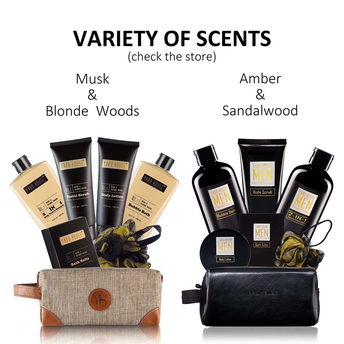 YARD HOUSE Bath and Body Spa Gift Baskets Set for Men - Sandalwood Amber - 7Pc Full Size Spa Kit in Toiletry Bag - Fathers Day Gifts For Husband, Dad From Wife, Daughter Son, Birthday Gifts For Him