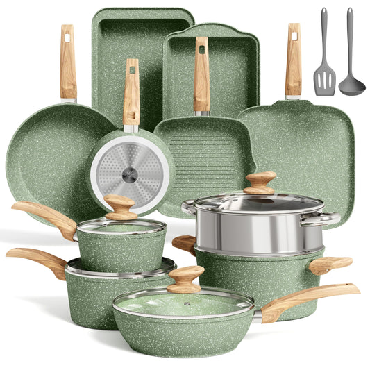 MAISON ARTS 17 Piece Pots and Pans Set Non Stick, Kitchen Cookware Sets with Nonstick Granite Stone Coating, Suitable for Induction Cooktops, Green