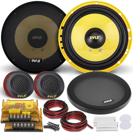 Pyle 2 Way Custom Component Speaker System - 6.5” 400 Watt, with Electroplated Plastic Basket, Butyl Rubber Surround & 40 Oz Magnet Structure - Wire Installation Hardware Set Included - PLG6C, Yellow