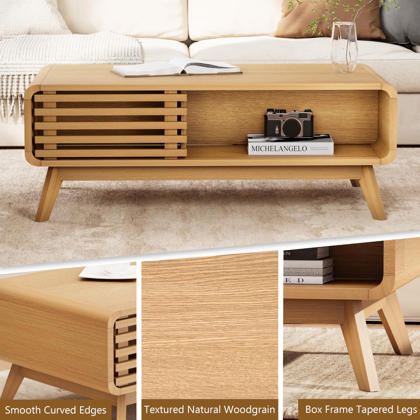 Royal Windsor Coffee Table,Mid Century Modern Table with Storage,Sliding Fence Door,Farmhouse Wooden Coffee Table for Living Room,Oak