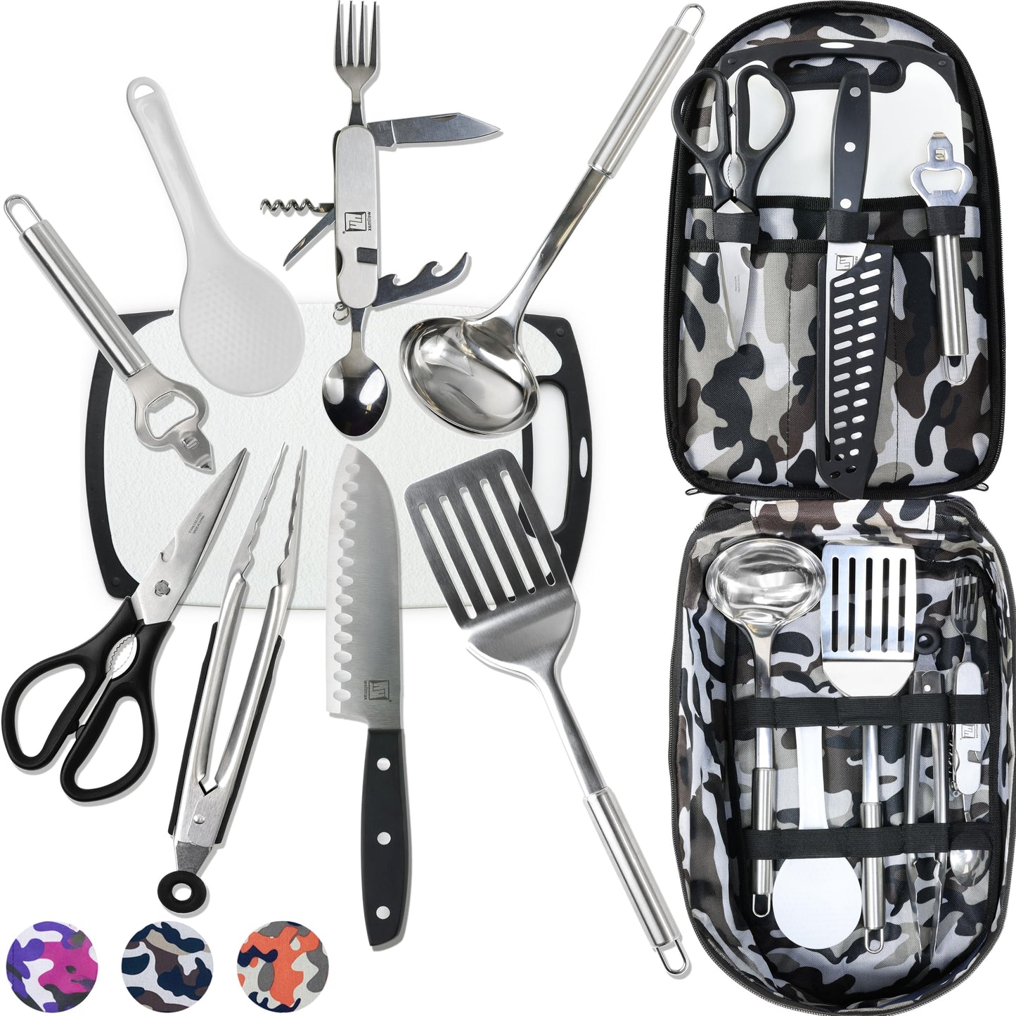 Wellmax 10-Piece Stainless Steel Camping Cooking Set – Compact All-in-One Cookware Kit with Utensils & Travel Bag for Campers, Hikers, Outdoor Adventures, Grey Camo Color