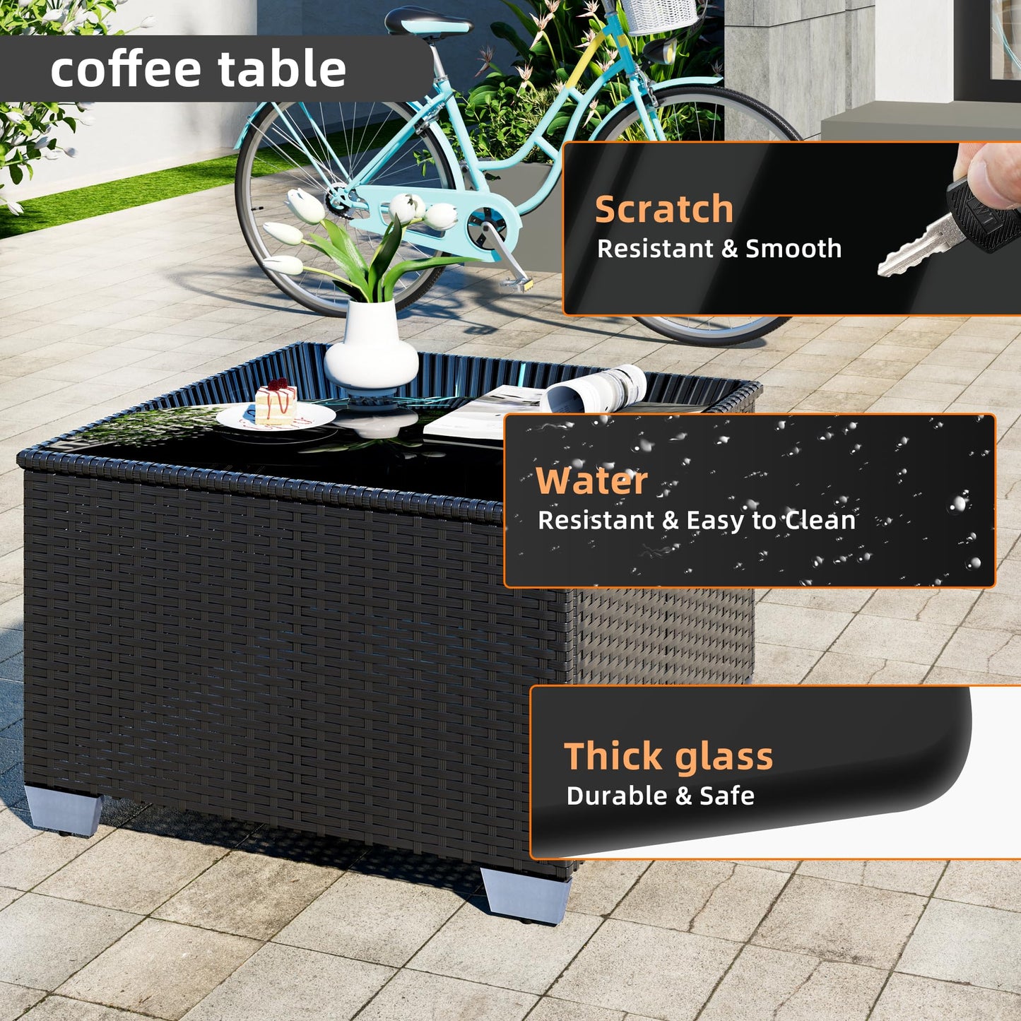 ELEGIBLISS 7 Pcs Patio Sectional Sofa - Outdoor Conversation Set PE Wicker Rattan Furniture with Coffee Table Patio Furniture for Porch Poolside Backyard Garden Modular Sofa Black Rattan