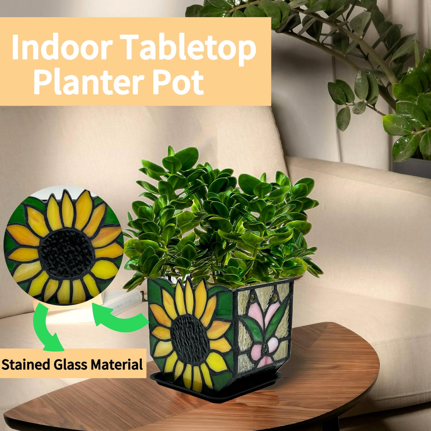 Entlityful Stained Glass Sunflower Garden Planters,Indoor Plant Pots with Drainage,Unique Plant Pots for Dried Flowers,Sunflower Gifts,4.6 x 3 x 5.15 in