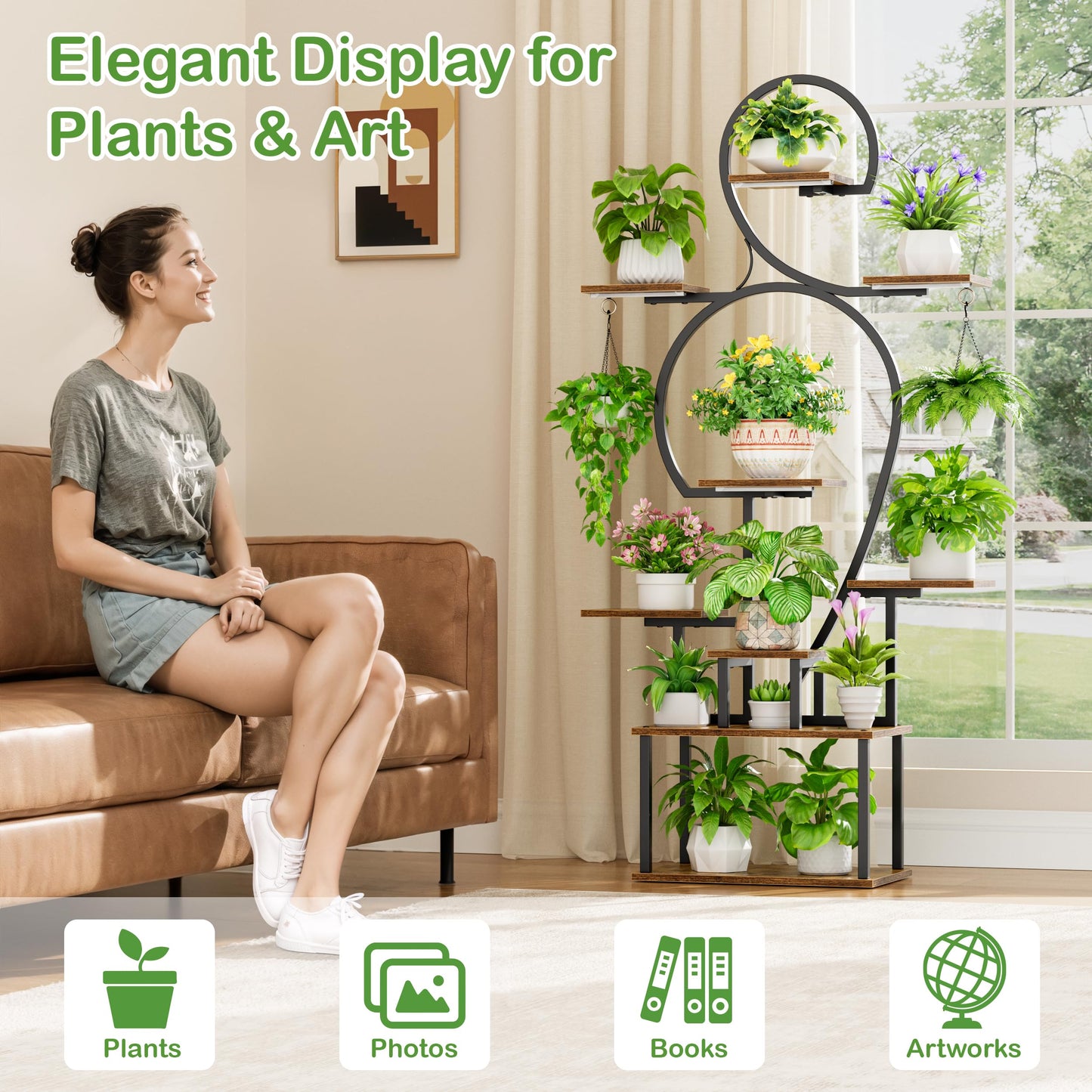 POZILAN Plant Stand Indoor with Grow Light - 9 Tiered 63" Tall Indoor Plant Shelves for Multiple Plants, Large Plant Shelf with Grow Light, Lighted Plant Stand for Indoor Plants