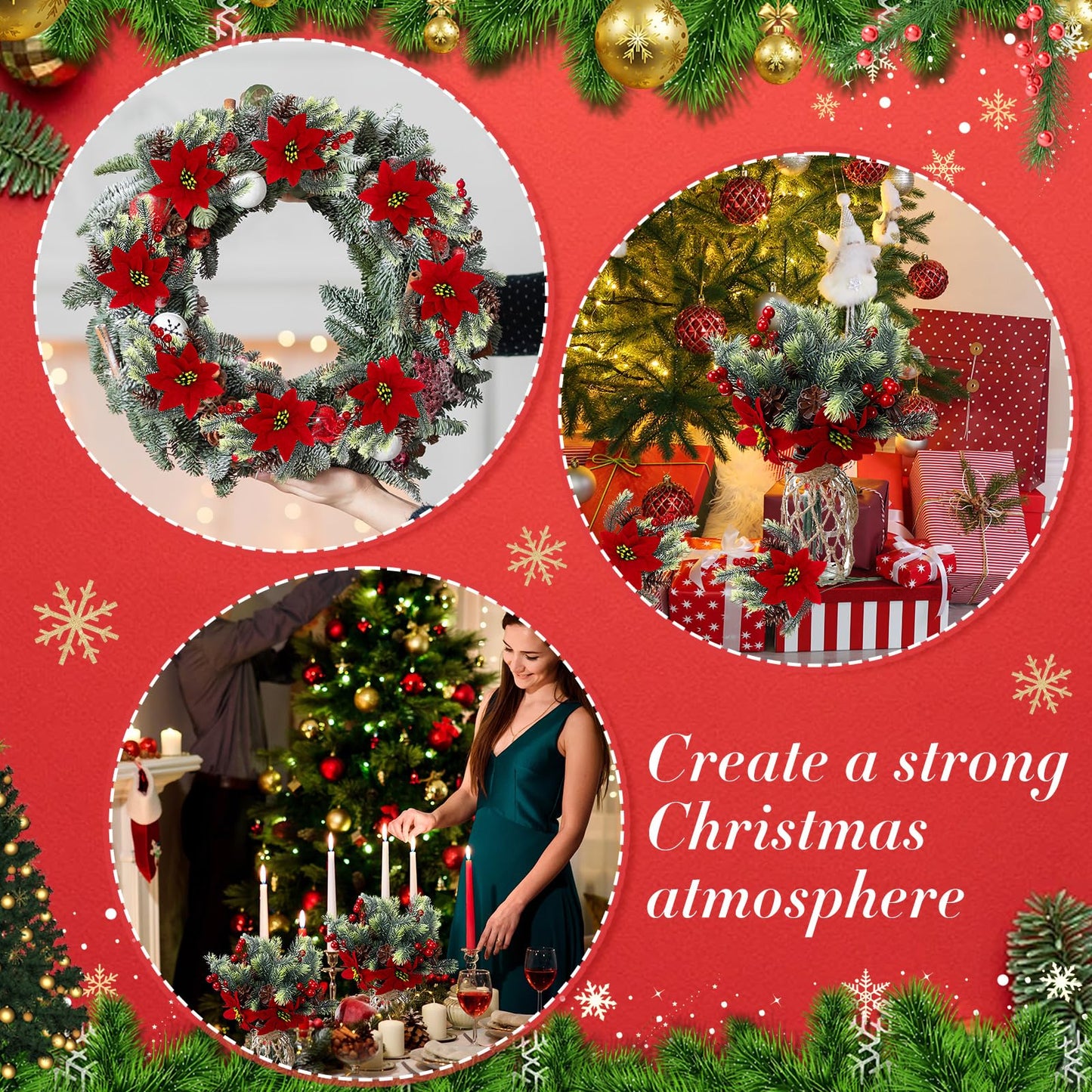 Yuxung 4 Pcs 13.4 Inch Red Poinsettia Artificial Christmas Flowers Bouquet with Pine Cone Red Berry Pine Needle Artificial Plants Christmas Decor for Craft Xmas Tree Garland Home Indoor Outdoor