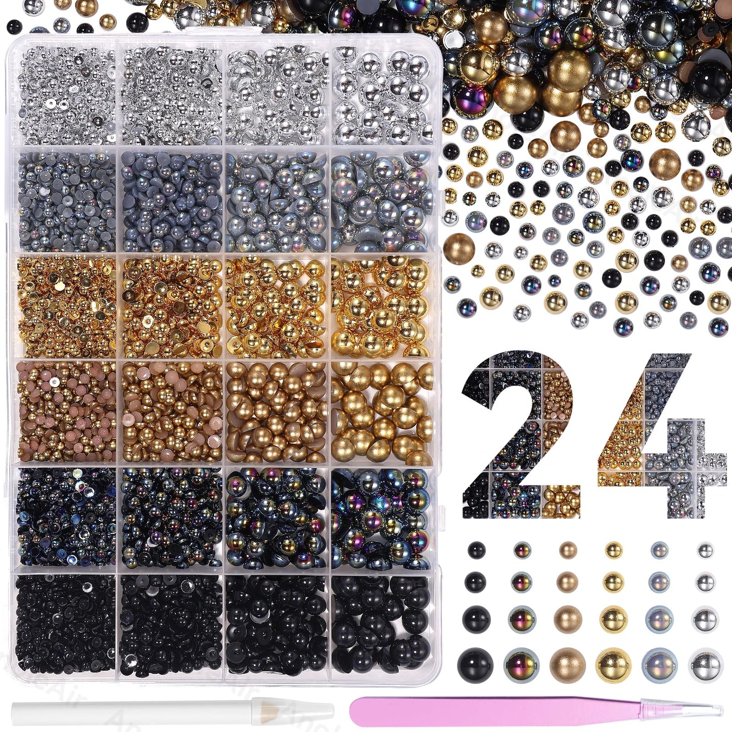 9000Pcs Nail Art Pearls Gems Charms, Half Pearls for Crafts, Purple Pink Flatback Half Round Gold Pearl for Nails, 3-8mm ABS Pearl Beads Gems for Nails Art DIY Crafts Face Makeup Shoes Clothes