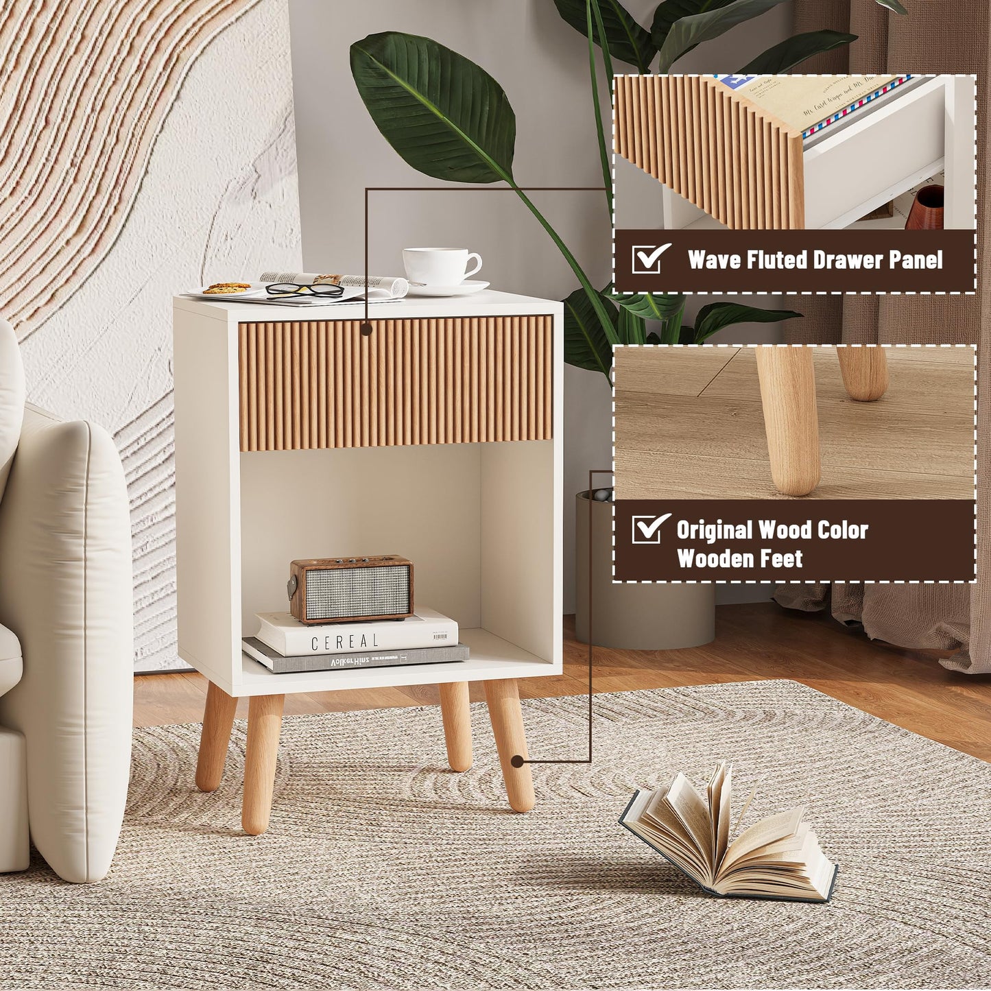 Fluted Nightstand, Modern Bedside Table with Storage Drawers and Open Wood Shelf, Night Stand with Solid Wood Legs, End Tables Side Tables for Living Room, Bedroom