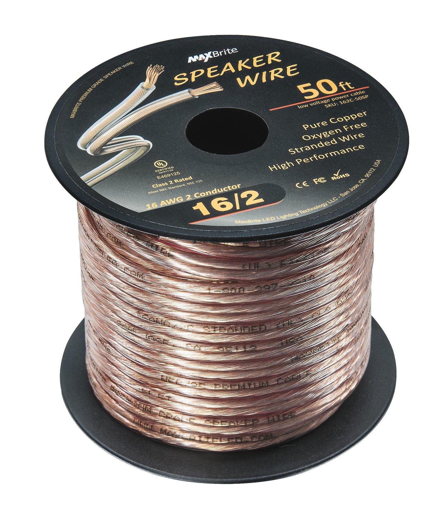 High Performance 16 Gauge Speaker Wire, Oxygen Free Pure Copper - UL Listed Class 2 (50 Feet Spool)
