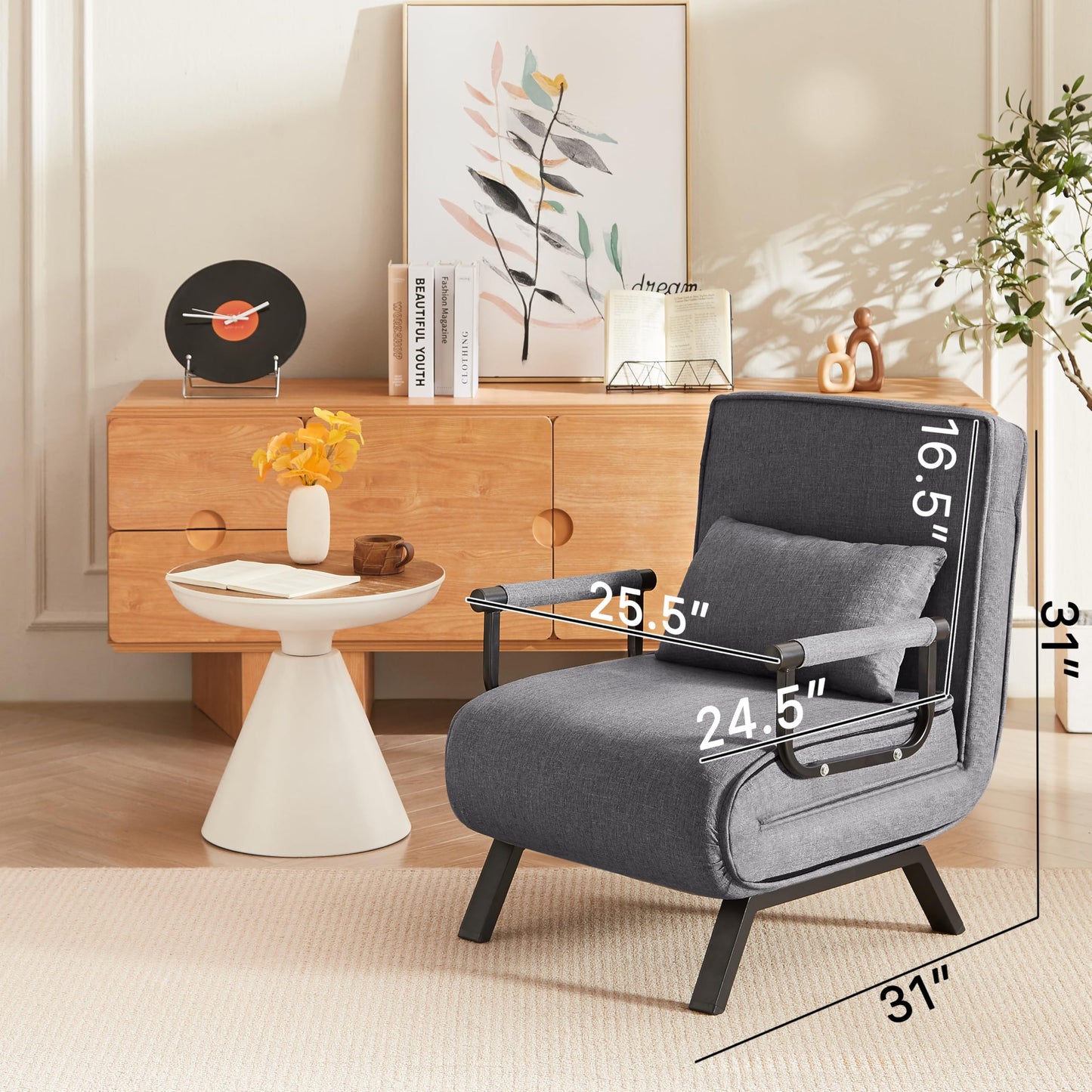 QQU 5-in-1 Convertible Sleeper Chair, Adjustable Folding Sofa Pull Out Bed, Chaise Lounge & Single Bed, Lounge Chair Indoor for Small Spaces, Living Room, Office, Apartment, Guest Room, Grey