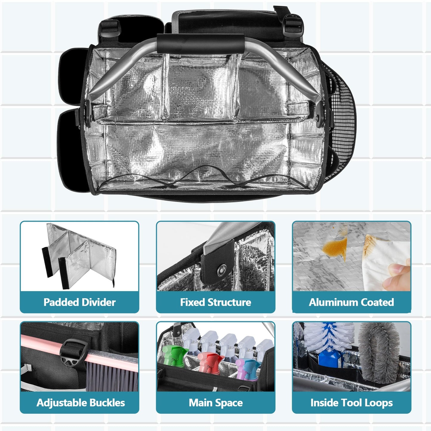 HODRANT Wearable Cleaning Caddy Organizer, Cleaning Supplies Bag with Divider & Support Pad, Cleaner Tote with Handle & Detachable Shoulder Strap, Housekeeping Storage Box with Multi Pockets, Bag Only