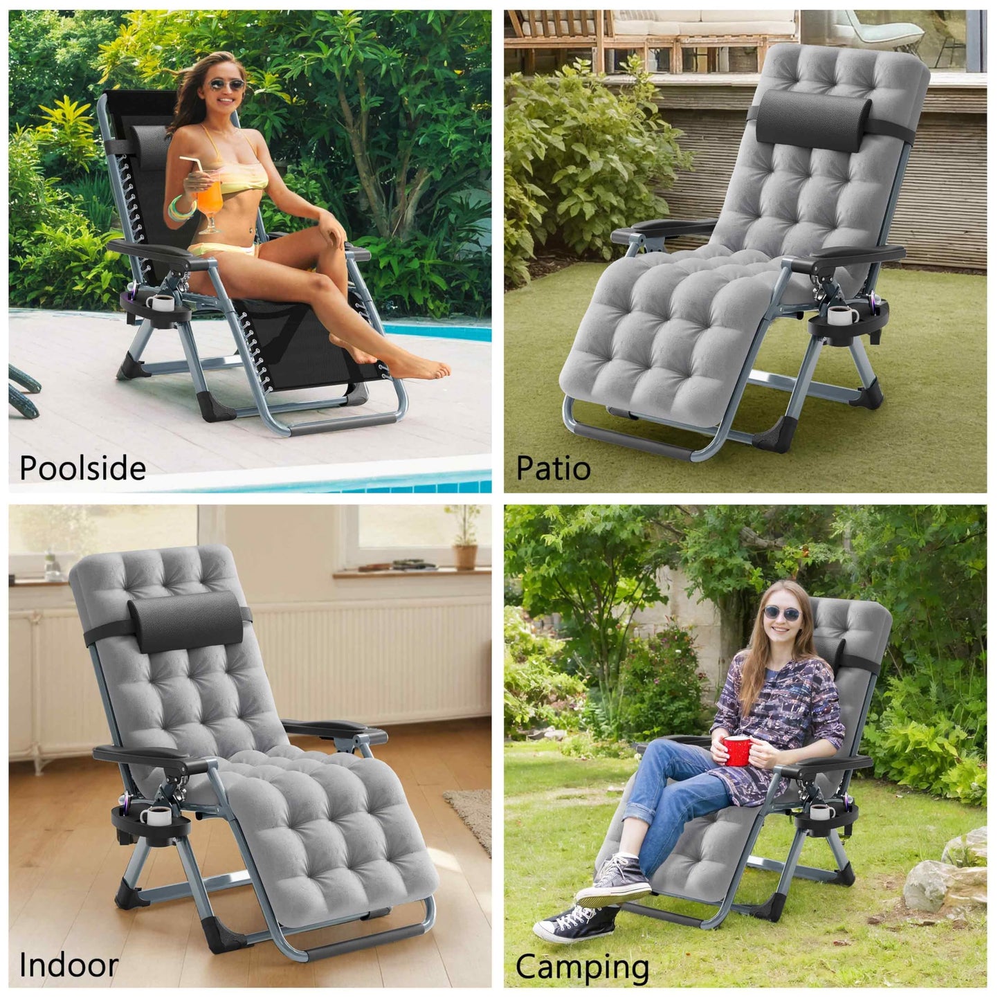 Seeutek Outdoor Zero Gravity Chair - Adjustable Steel Mesh Folding Recliner with Removable Extra Thick Cushion and Upgraded Lock and Cup Holder for Patio, Camping, Indoor, Outdoor - Grey