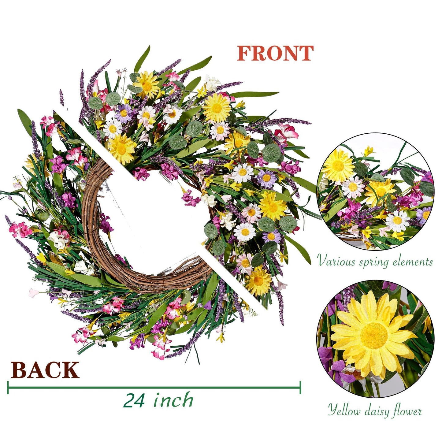 Sggvecsy Daisy and Lavender Wreath 22’’ Wildflower Spring Summer Artificial Silk Wreath for Front Door Home Wall Wedding Festival Farmhouse Holiday Decor
