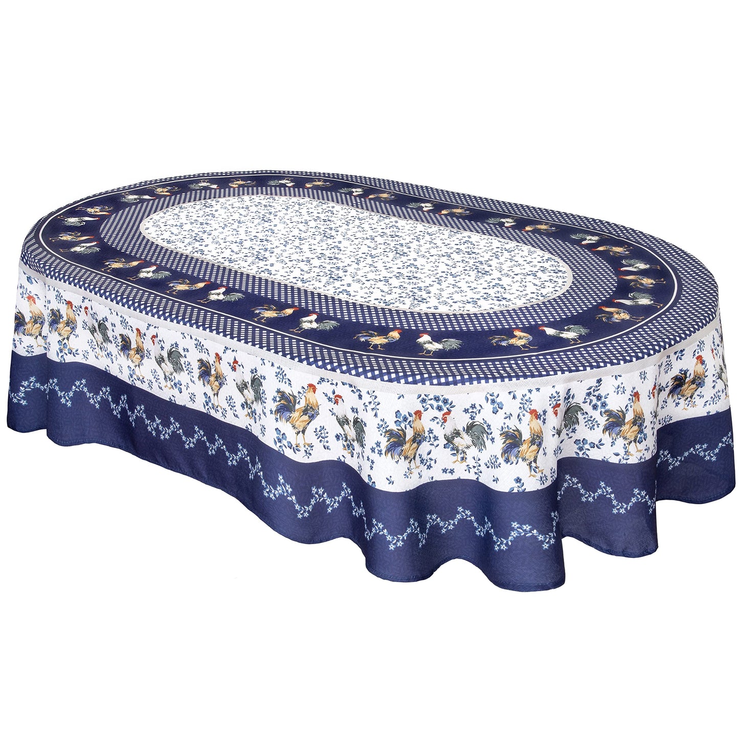 Home Bargains Plus Oval Fabric Tablecloth, 60 x 84 Inch, Blue Provence Rooster, Wrinkle, Water and Stain Resistant Country Provence Table Cloth, Farm