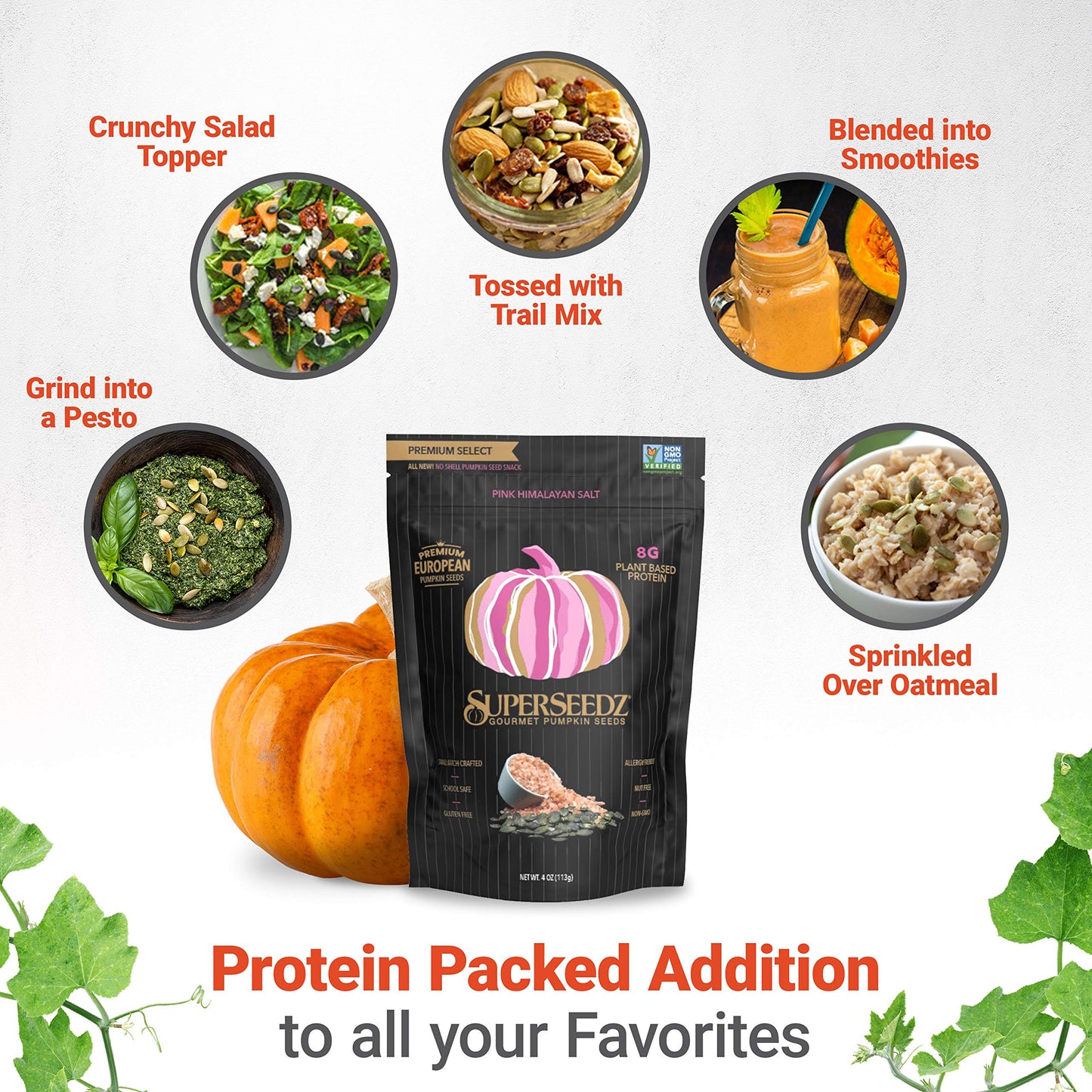 SuperSeedz Dry Roasted Pumpkin Seeds with Pink Himalayan Sea Salt - Pepitas, Whole 30, Vegan, Keto, 7g Plant Based Protein, Produced in USA, Nut Free, Fresh Gluten Free Snack (4oz, 6-pack)