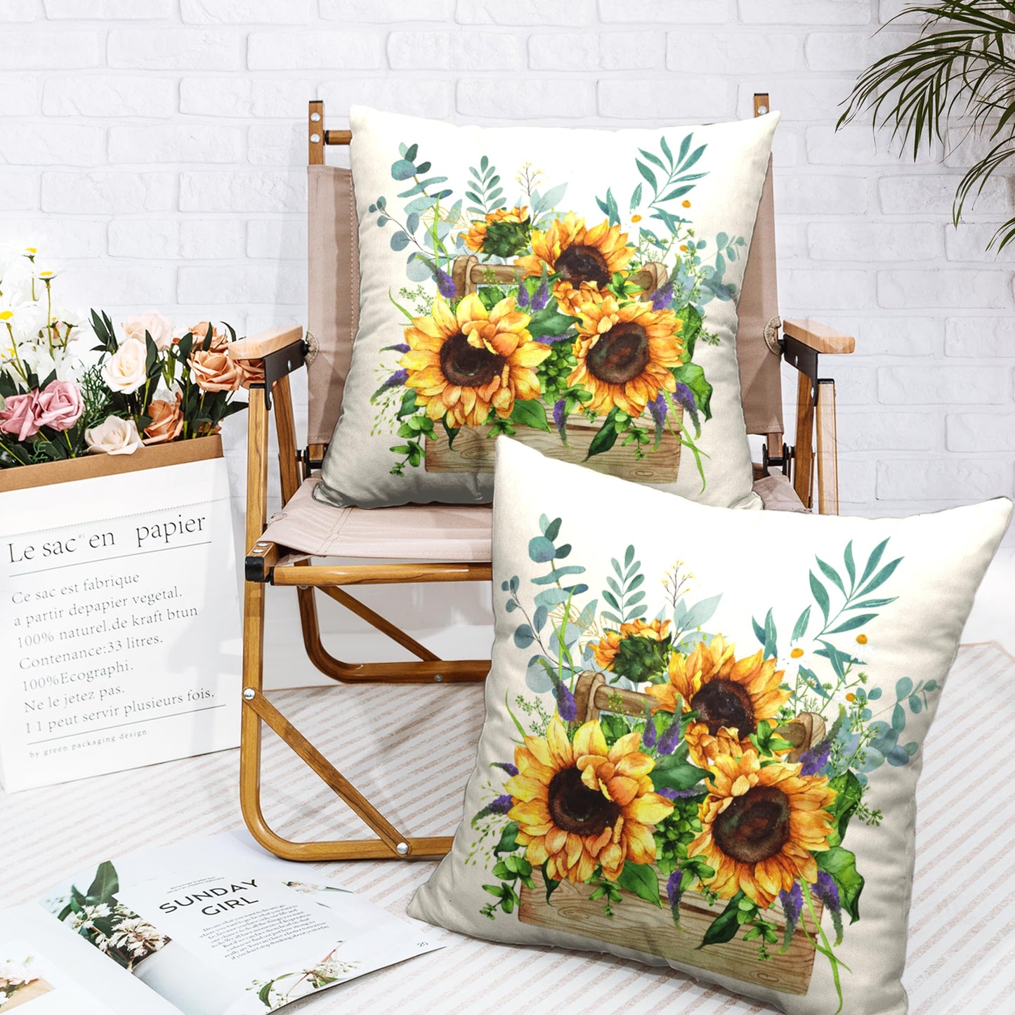 Kwlegh Sunflower Pillow Covers Spring Summer Floral Throw Pillow Covers Set of 2 Sunflowers with Eucalyptus Leaves Farmhouse Pillow Case 18x18 for Sofa Car Patio, Cotton Linen