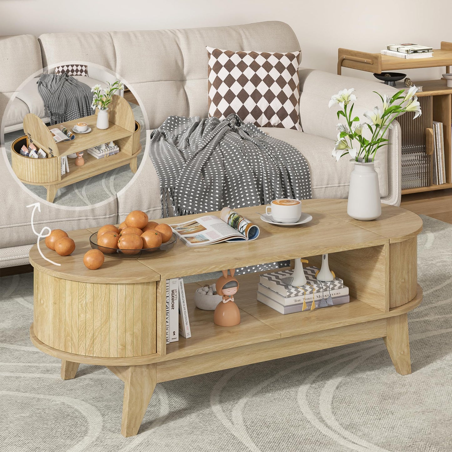 Coffee Table with 2 Hidden Storage,Mid Century Modern Coffee Table with Fluted Finish,Wood Center Tables Oval Coffee Tables with Flip-Top Lids for Living Room Home Office (Oak)