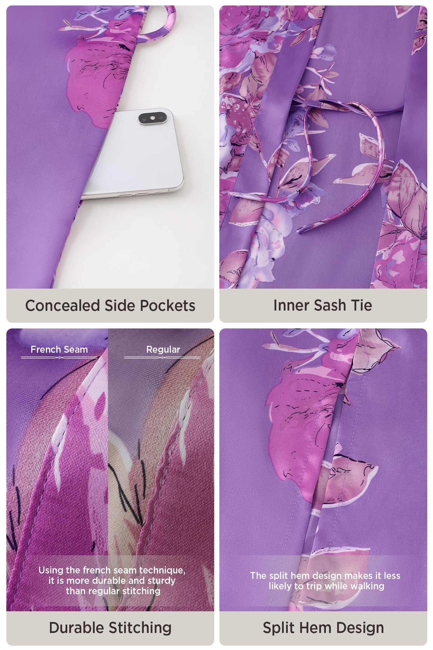 BABEYOND Women's Kimono Robe Long Satin Silky Floral Lightweight Bridesmaid Wedding Bachelorette Party Robe