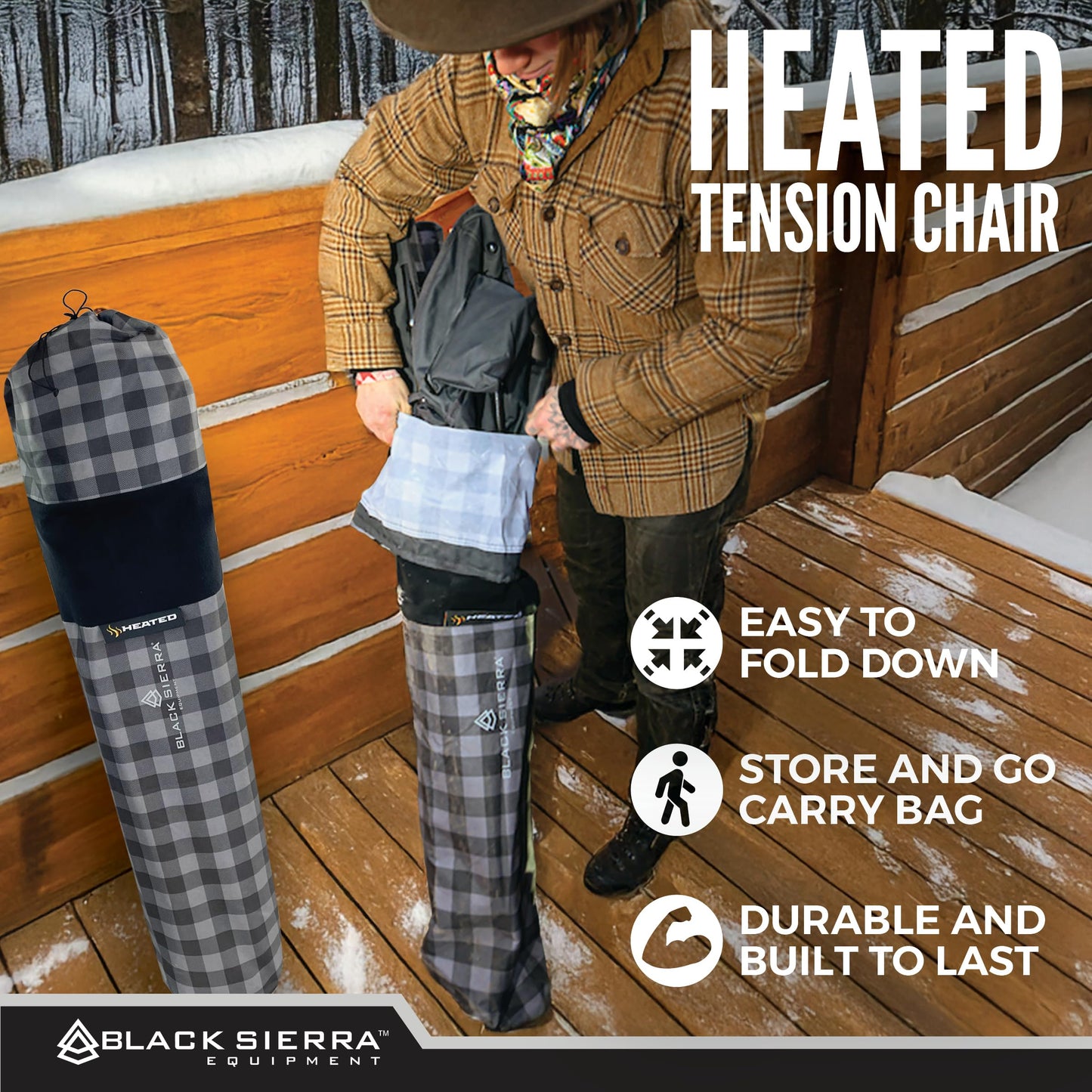 Black Sierra Heated Camping Chair with Battery – XL Fleece Foldable Seat, 3 Heat Settings, Heavy-Duty Steel Frame Supports 300 lbs – Portable, Lightweight for Camping, Sports, Patio, Events